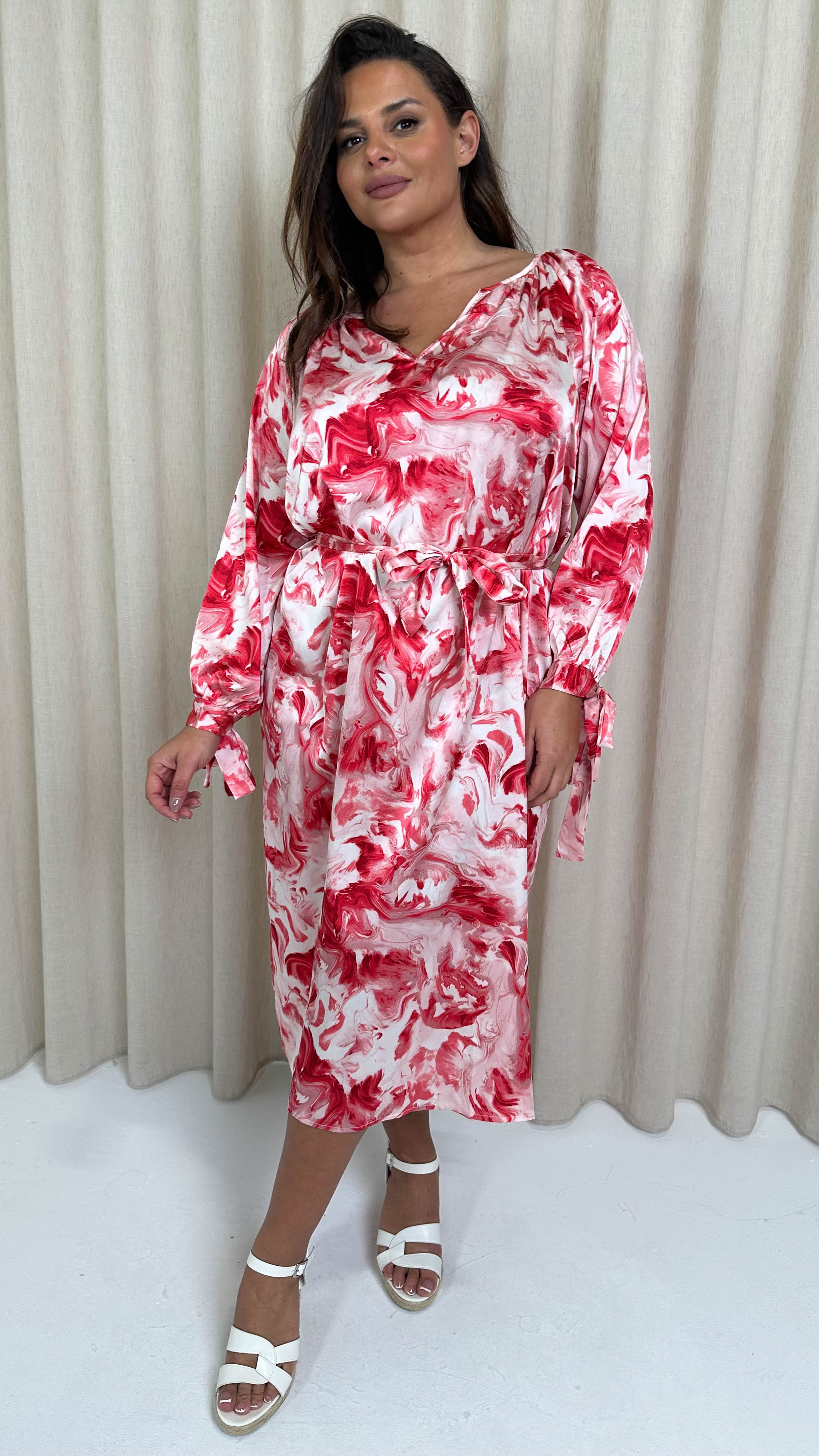 CurveWow V Neck Tie Waist Dress Red Marble