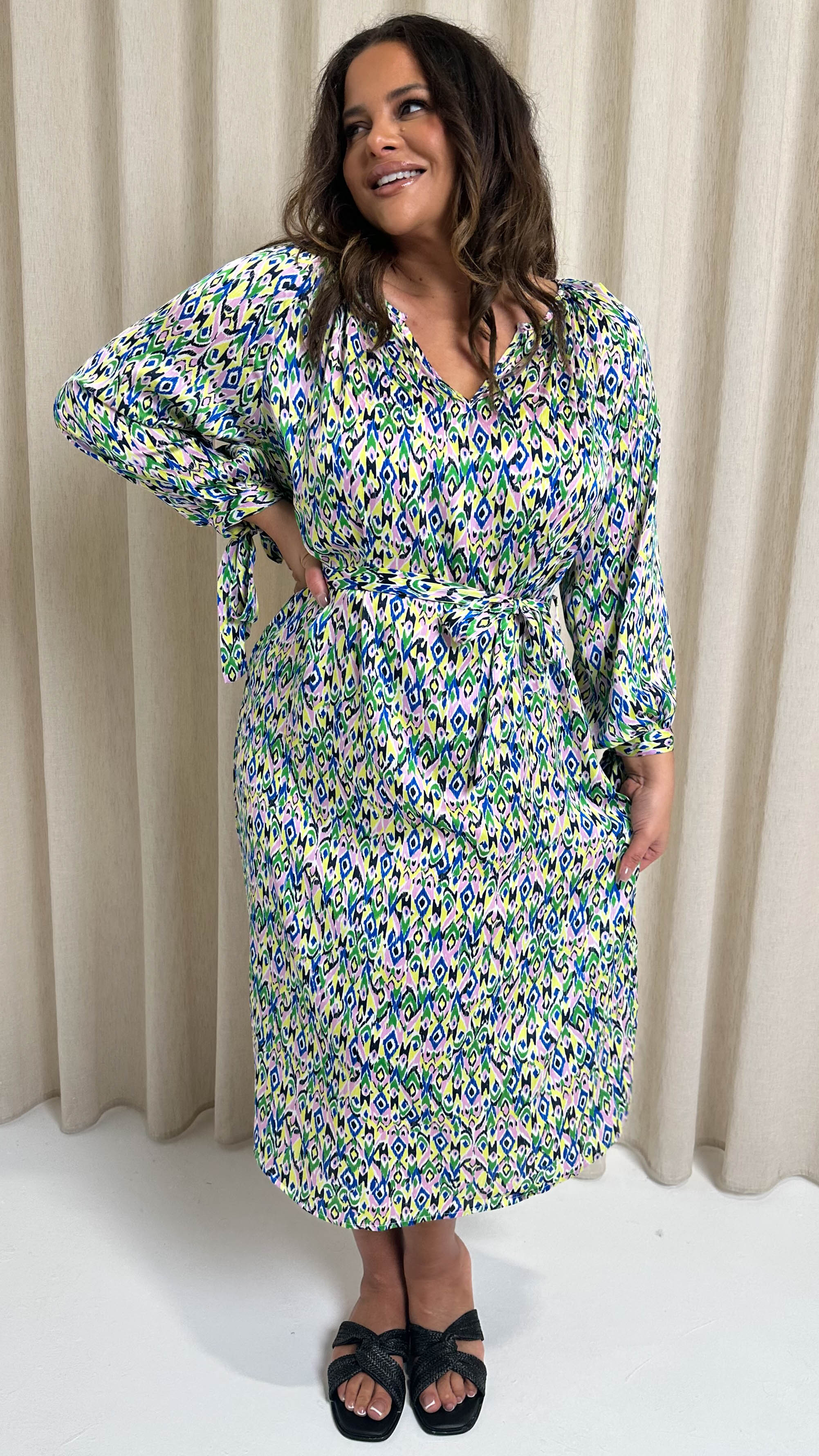 CurveWow V Neck Tie Waist Dress Multi Aztec