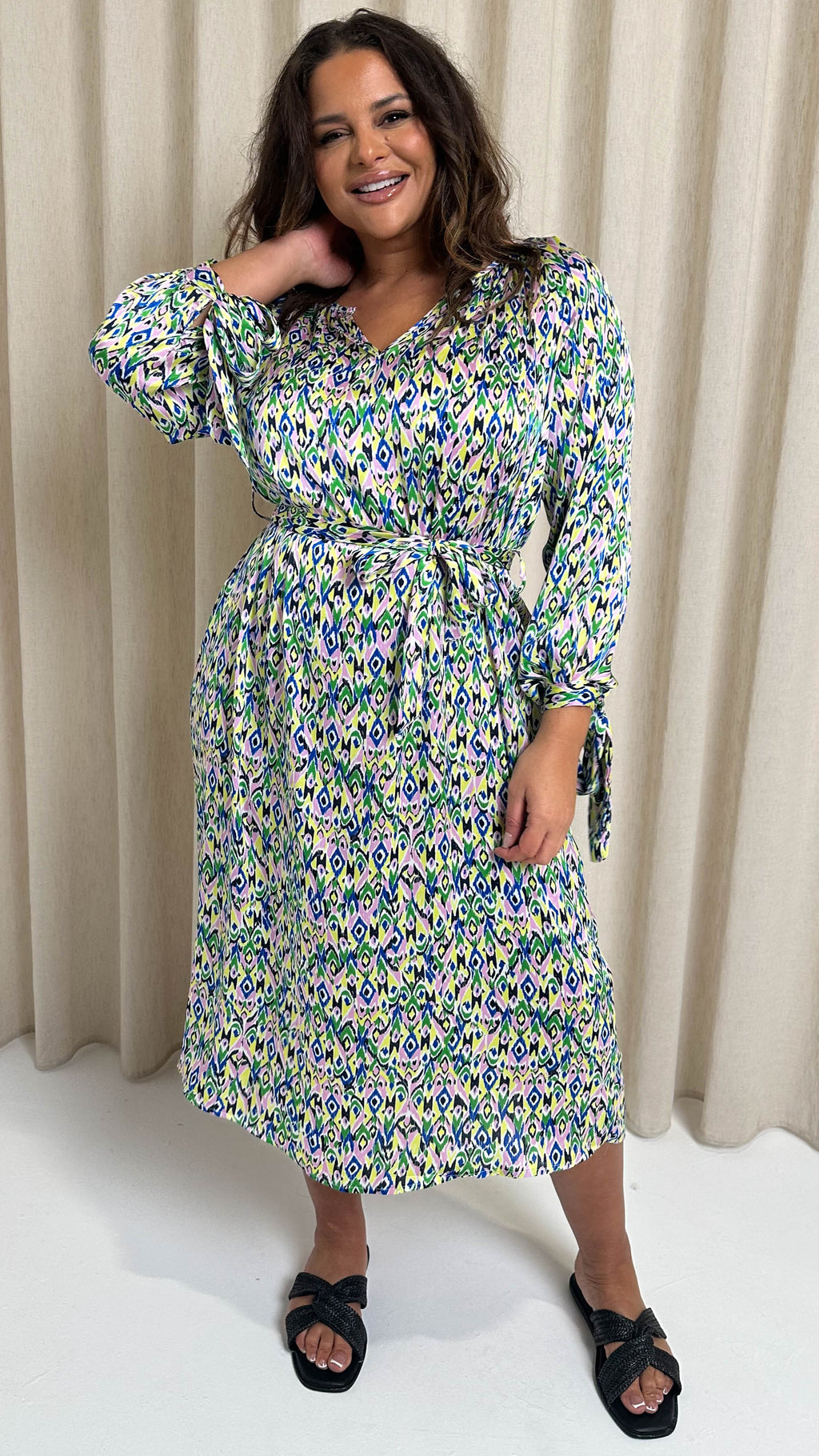 CurveWow V Neck Tie Waist Dress Multi Aztec