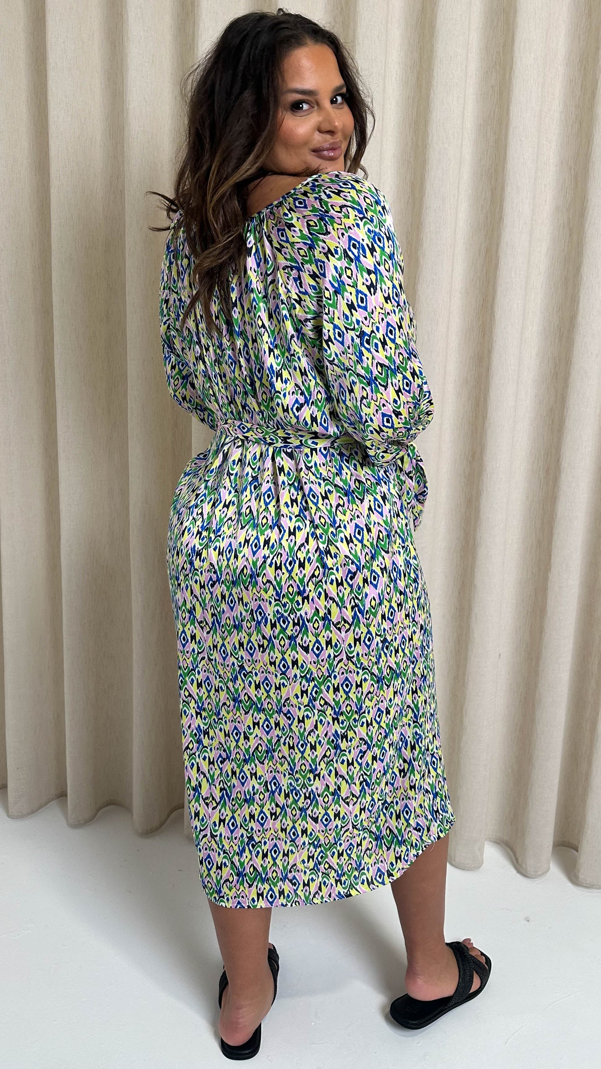 CurveWow V Neck Tie Waist Dress Multi Aztec