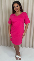 CurveWow V Neck Shirt Dress Fuchsia