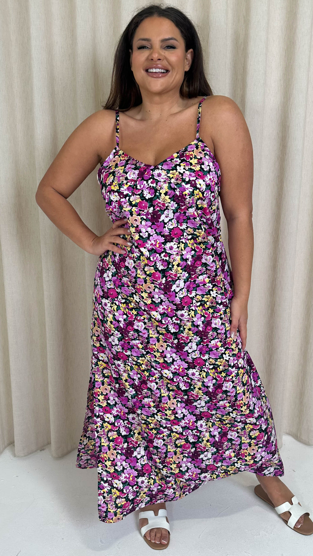 CurveWow Strappy Summer Tea Dress Pink Multi Floral