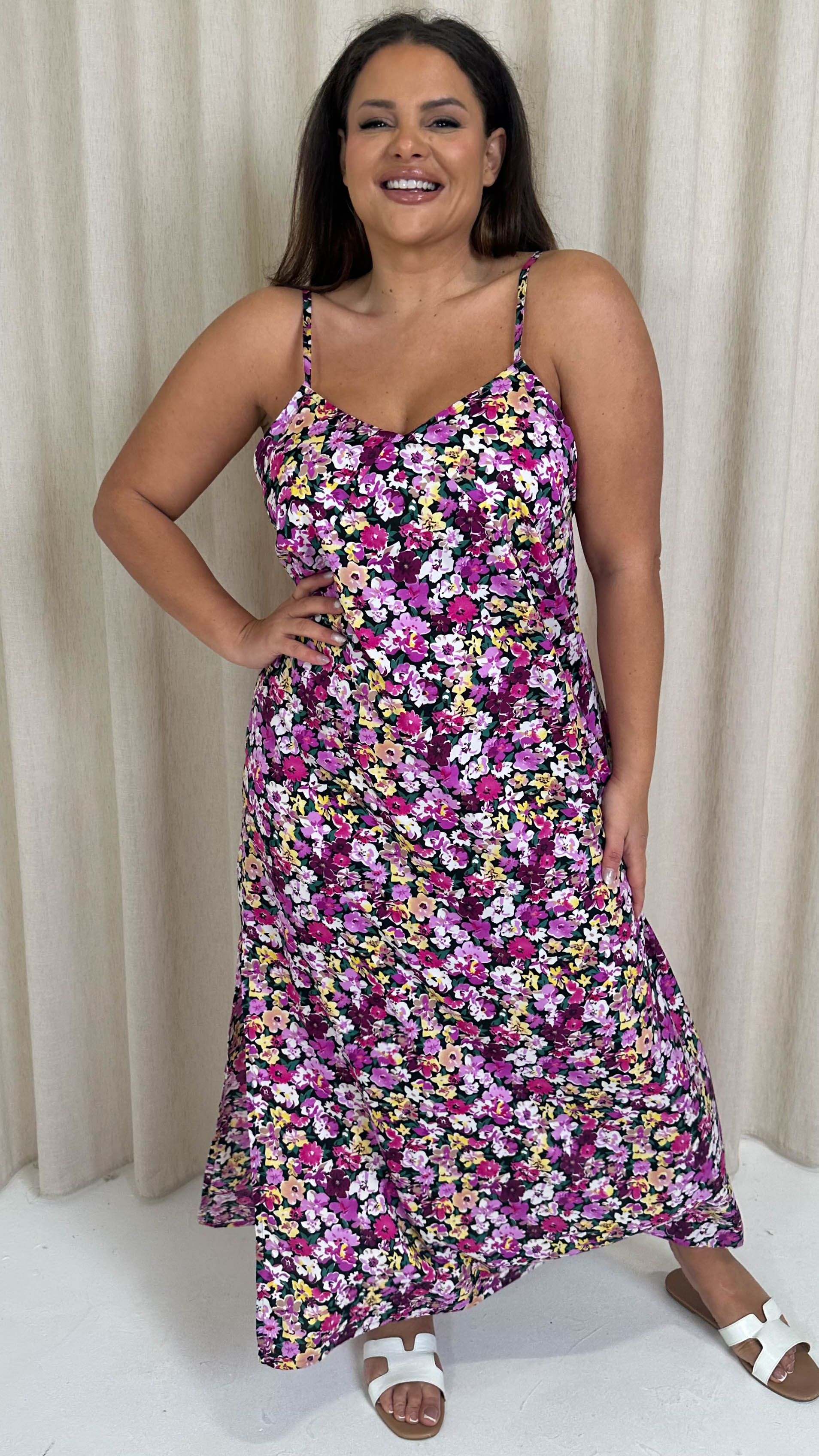 CurveWow Strappy Summer Tea Dress Pink Multi Floral