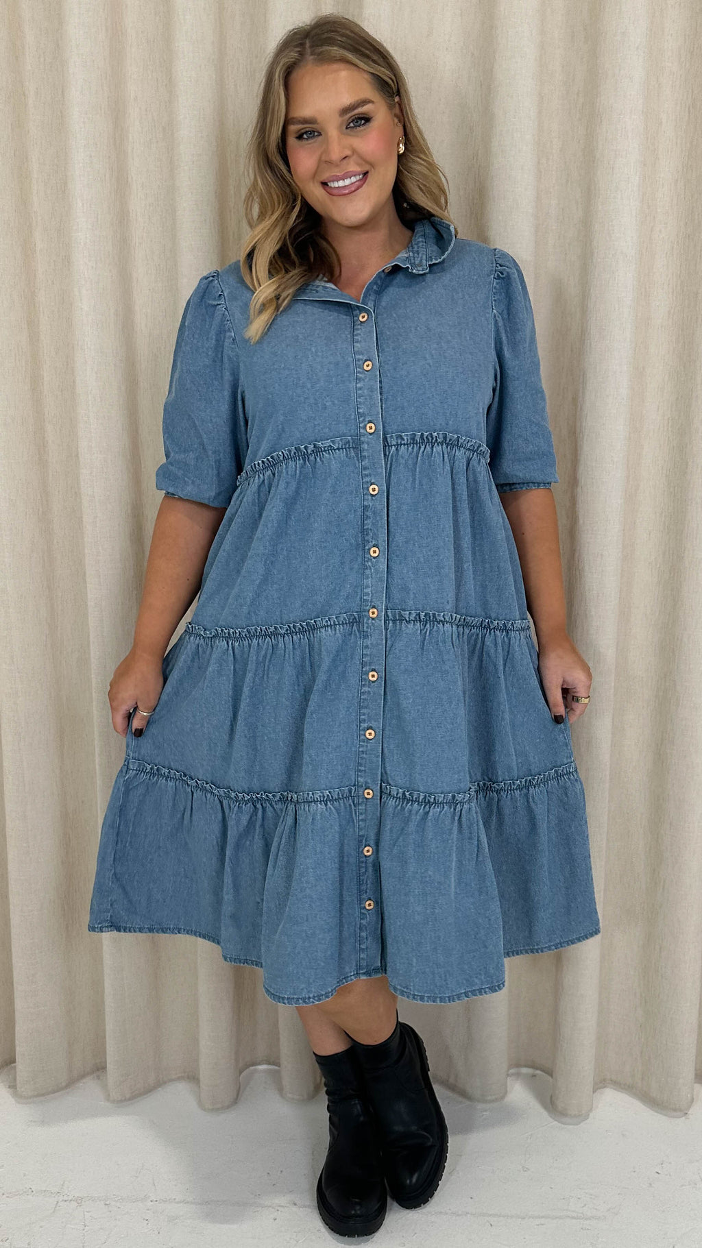 CurveWow Chambray Tiered Shirt Dress