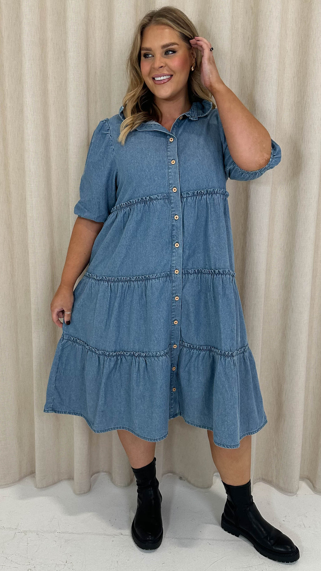 CurveWow Chambray Tiered Shirt Dress