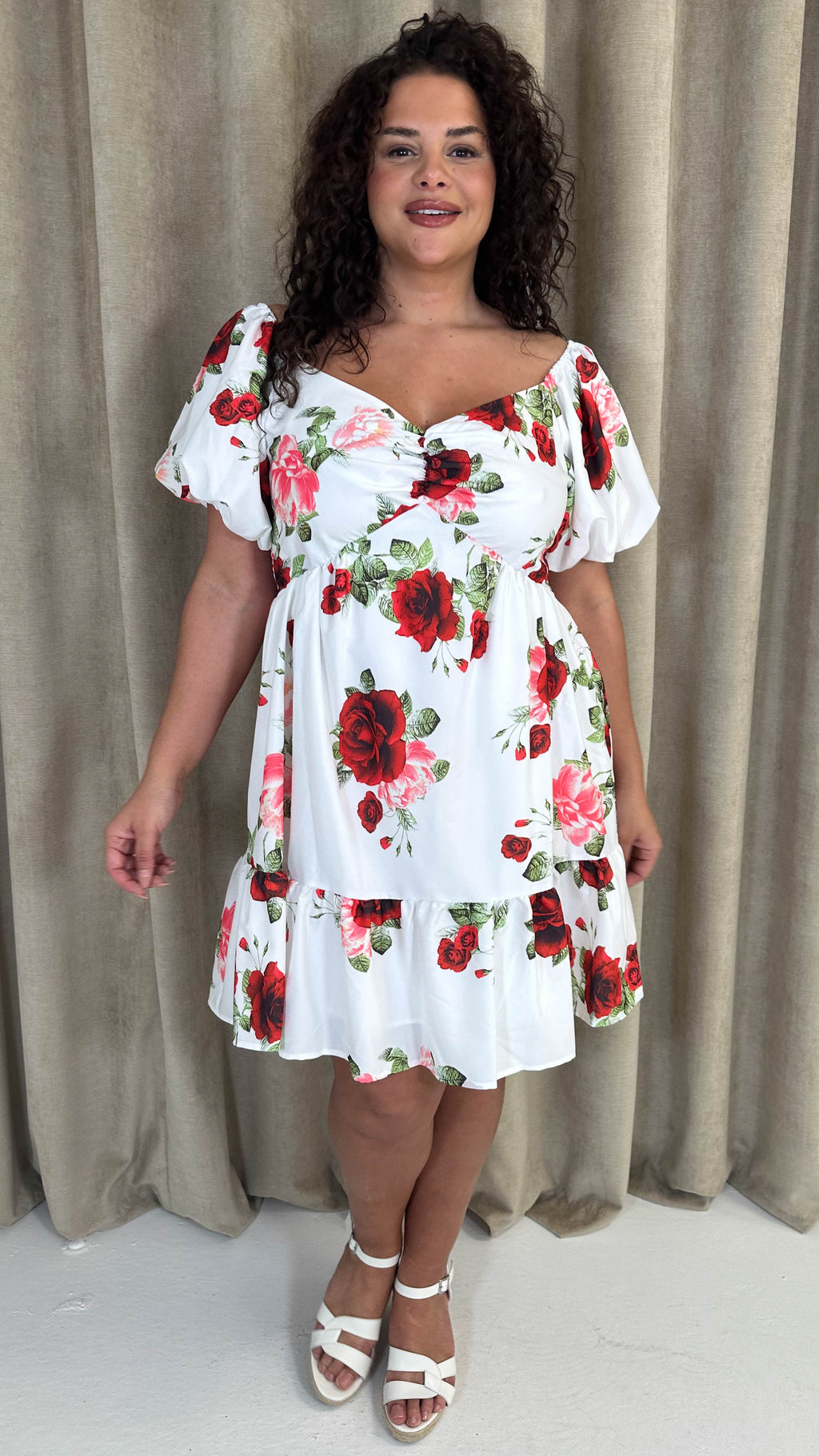 CurveWow Milkmaid Mini Dress Red & Pink