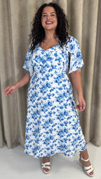 CurveWow Ruched Front Midi Dress Blue Floral