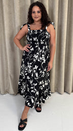 CurveWow Tie Shoulder Strappy Midaxi Dress Mono Floral