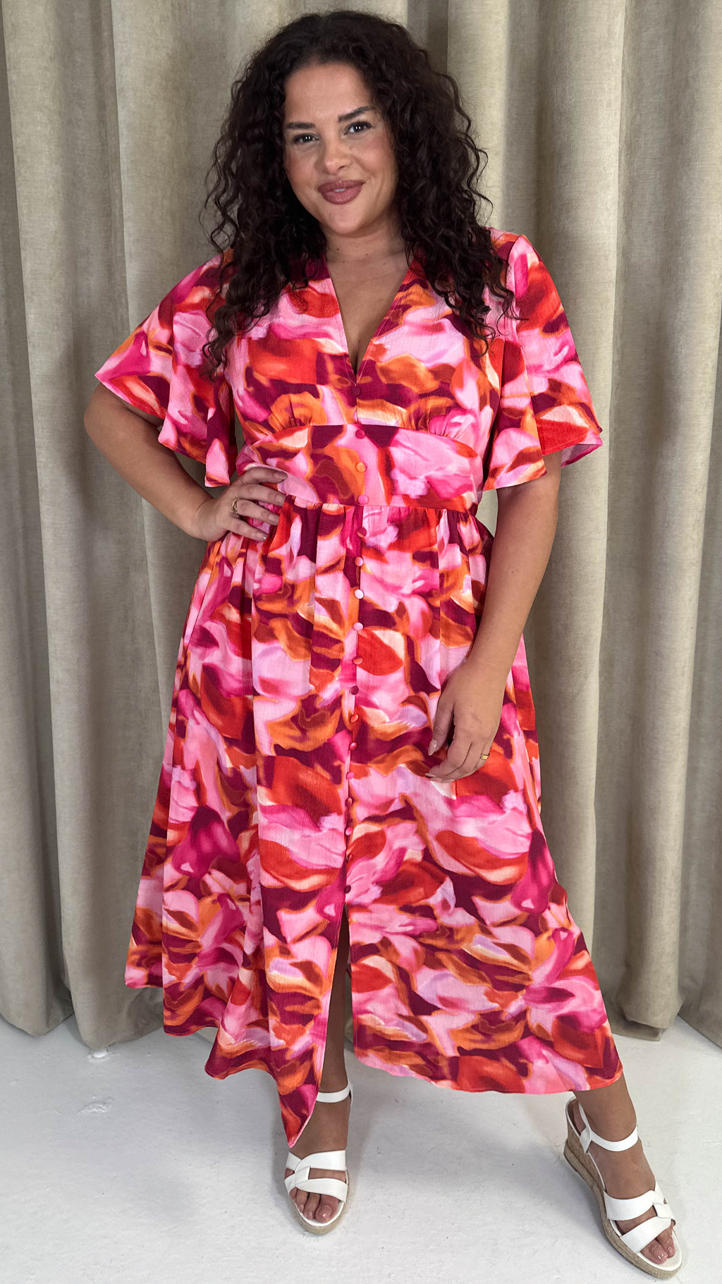CurveWow Angel Sleeve Button Front Dress Abstract Floral