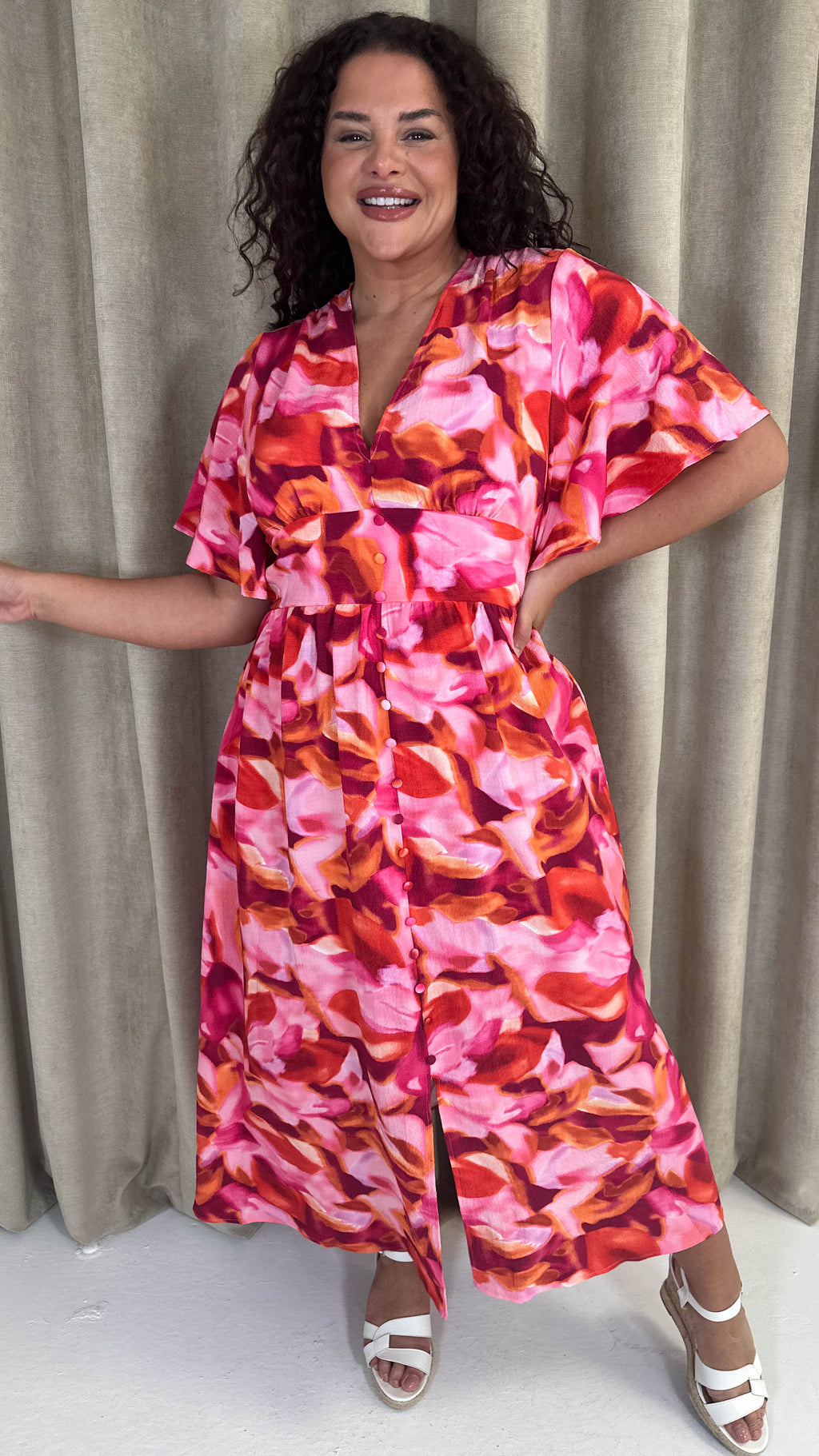 CurveWow Angel Sleeve Button Front Dress Abstract Floral