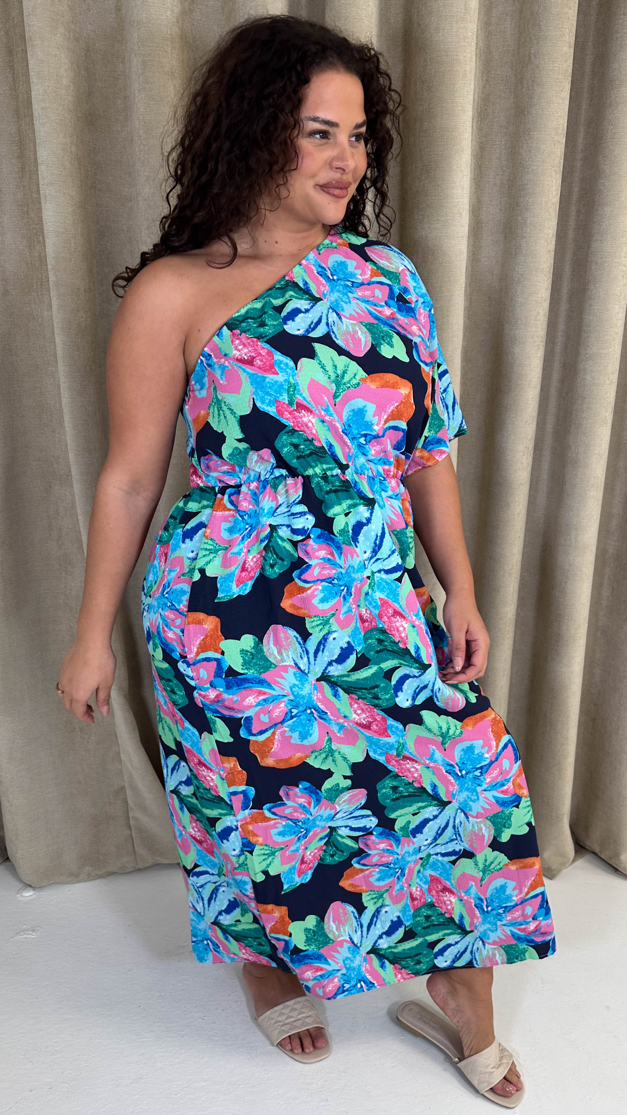 CurveWow One Shoulder Printed Maxi Dress Multi Floral