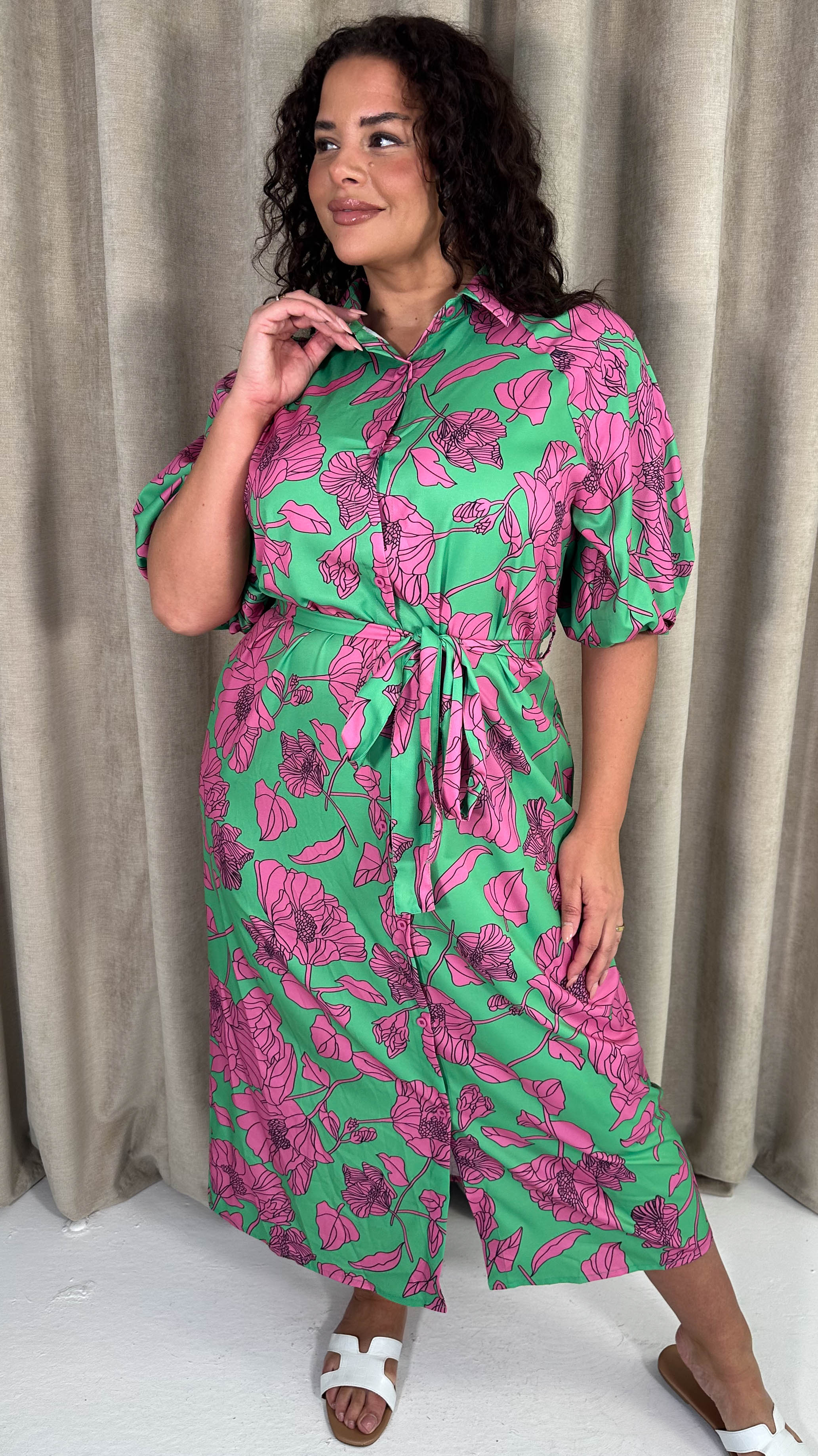 CurveWow Floral Tie Waist Shirt Dress Pink & Green Floral
