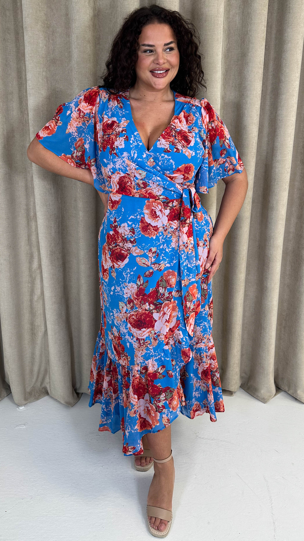 CurveWow Asymmetric Wrap Dress Blue Floral