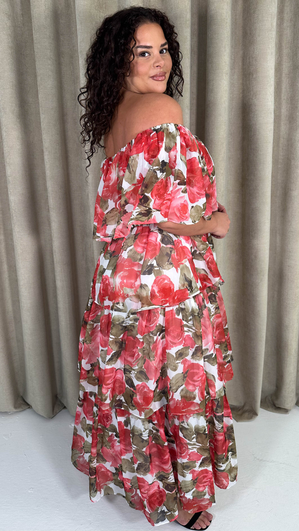 CurveWow Bardot Layered Maxi Dress Red