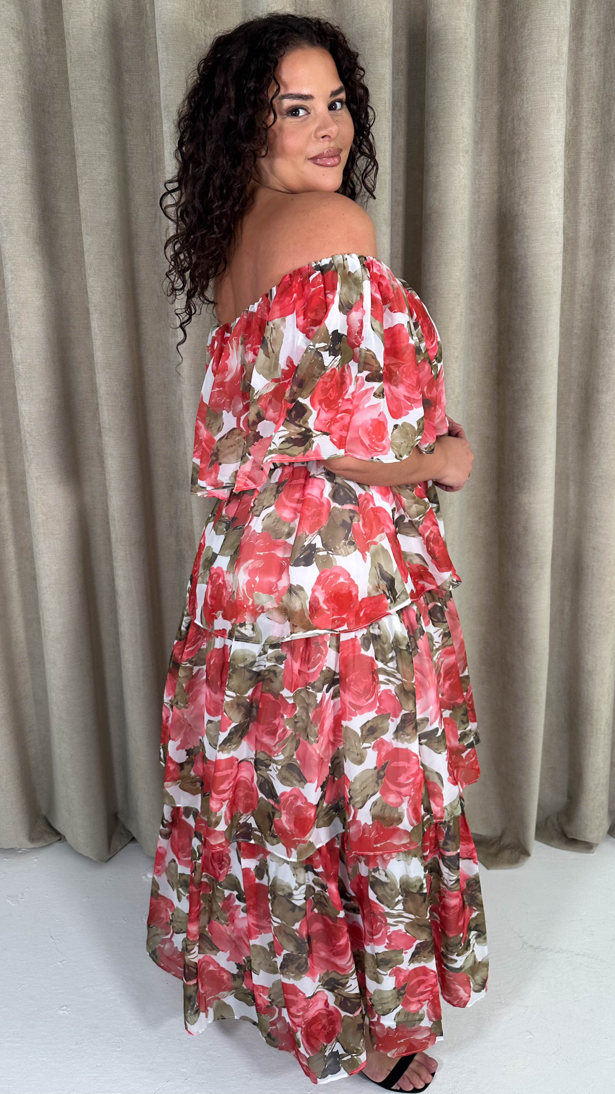 CurveWow Bardot Layered Maxi Dress Red