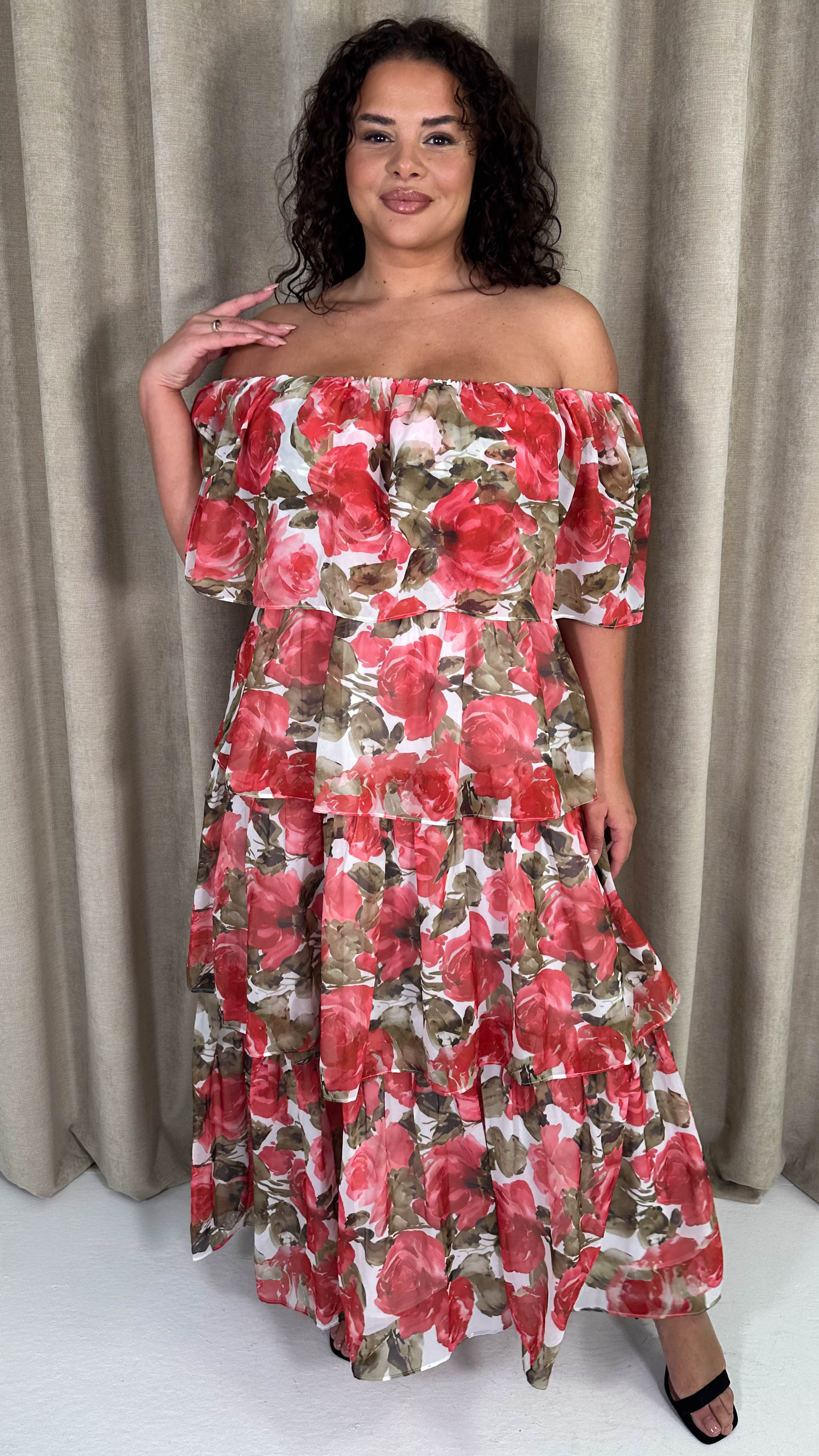 CurveWow Bardot Layered Maxi Dress Red
