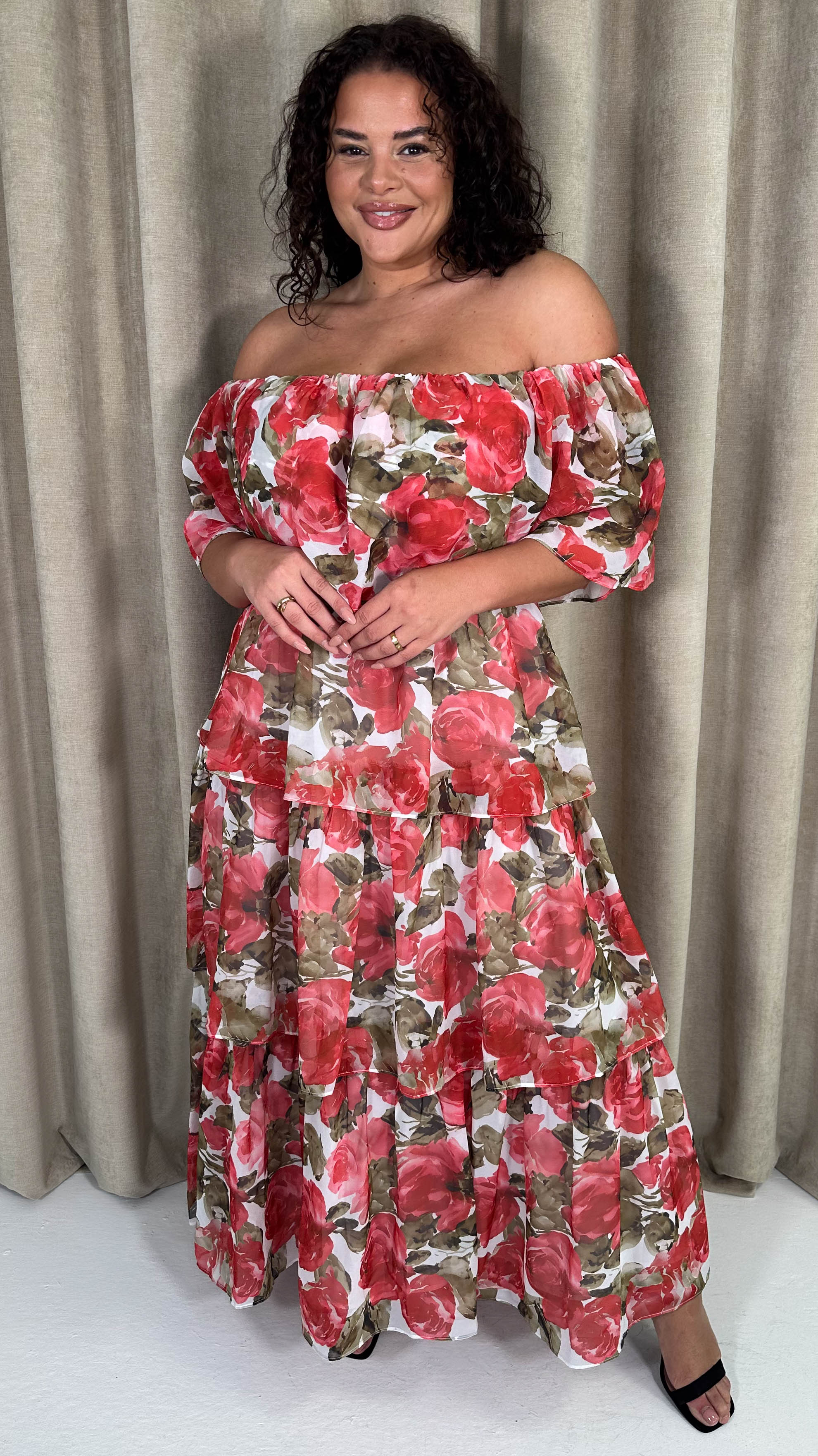CurveWow Bardot Layered Maxi Dress Red