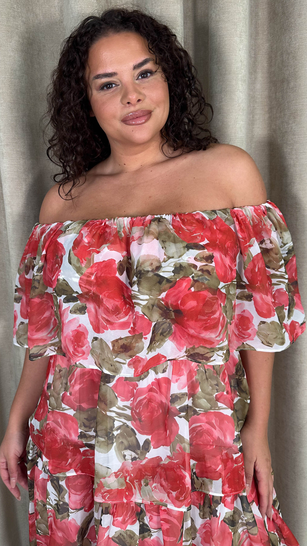 CurveWow Bardot Layered Maxi Dress Red
