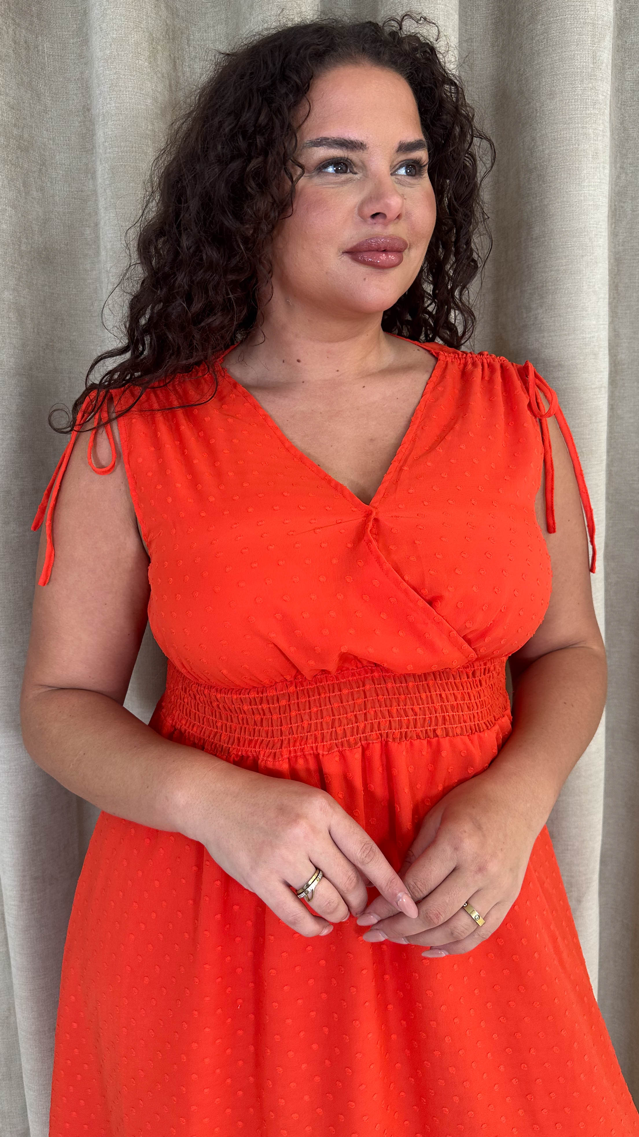 CurveWow Shirred Waist Dobby Midaxi Dress Orange
