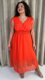 CurveWow Shirred Waist Dobby Midaxi Dress Orange