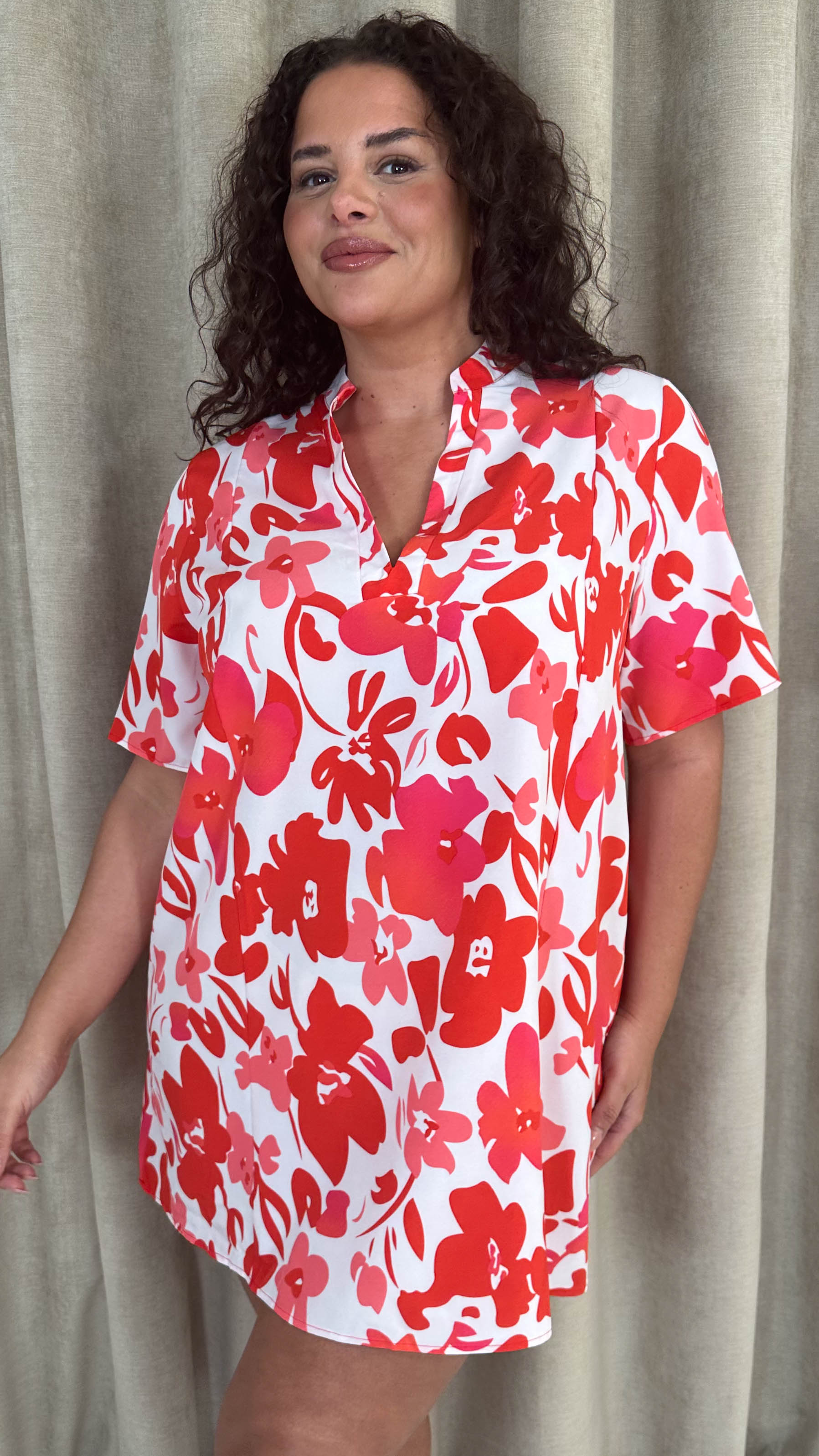 CurveWow Notch Neck Mini Shift Dress Red & Pink Floral