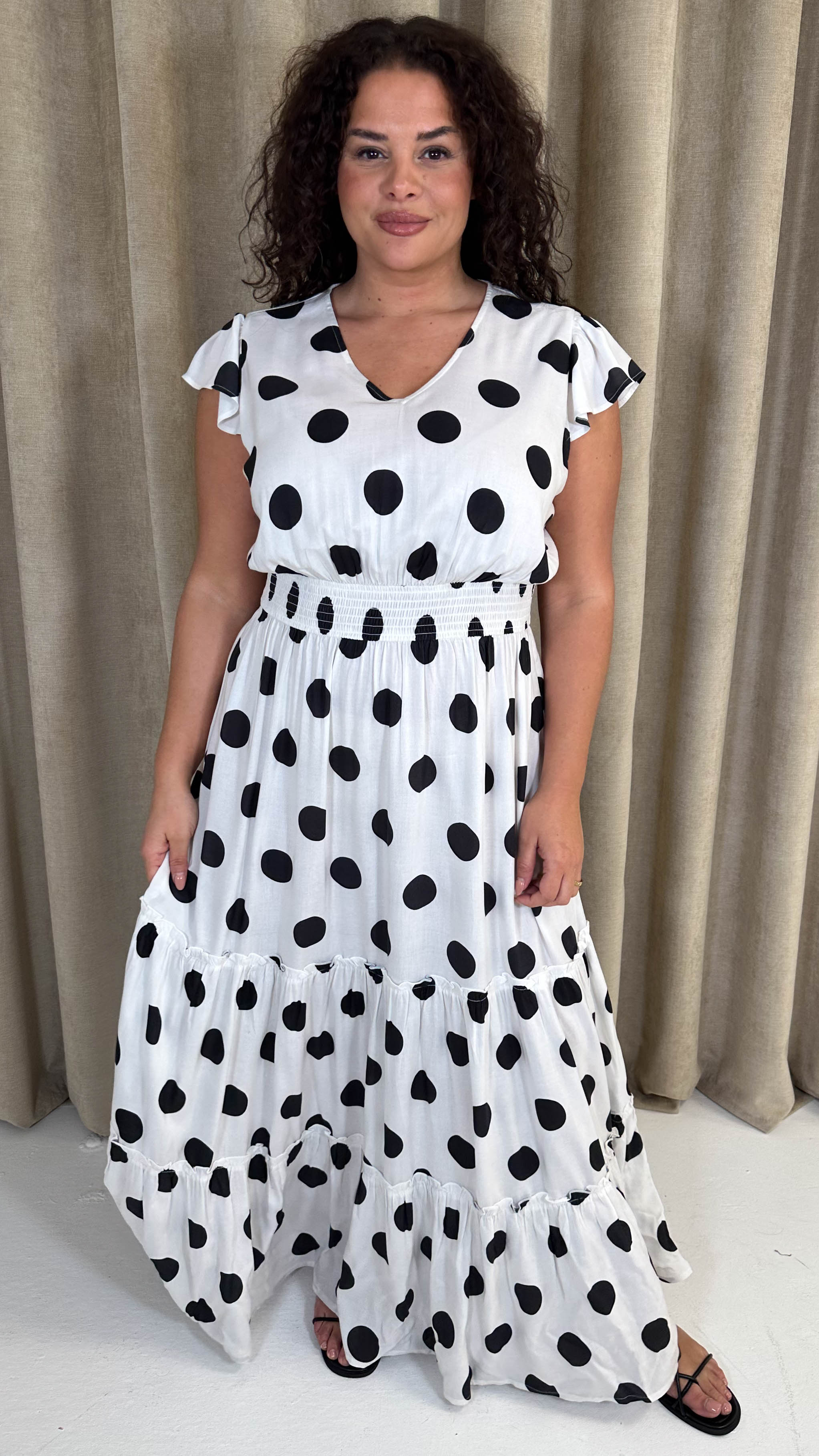 CurveWow Polka Dot Angel Sleeve Maxi Dress White