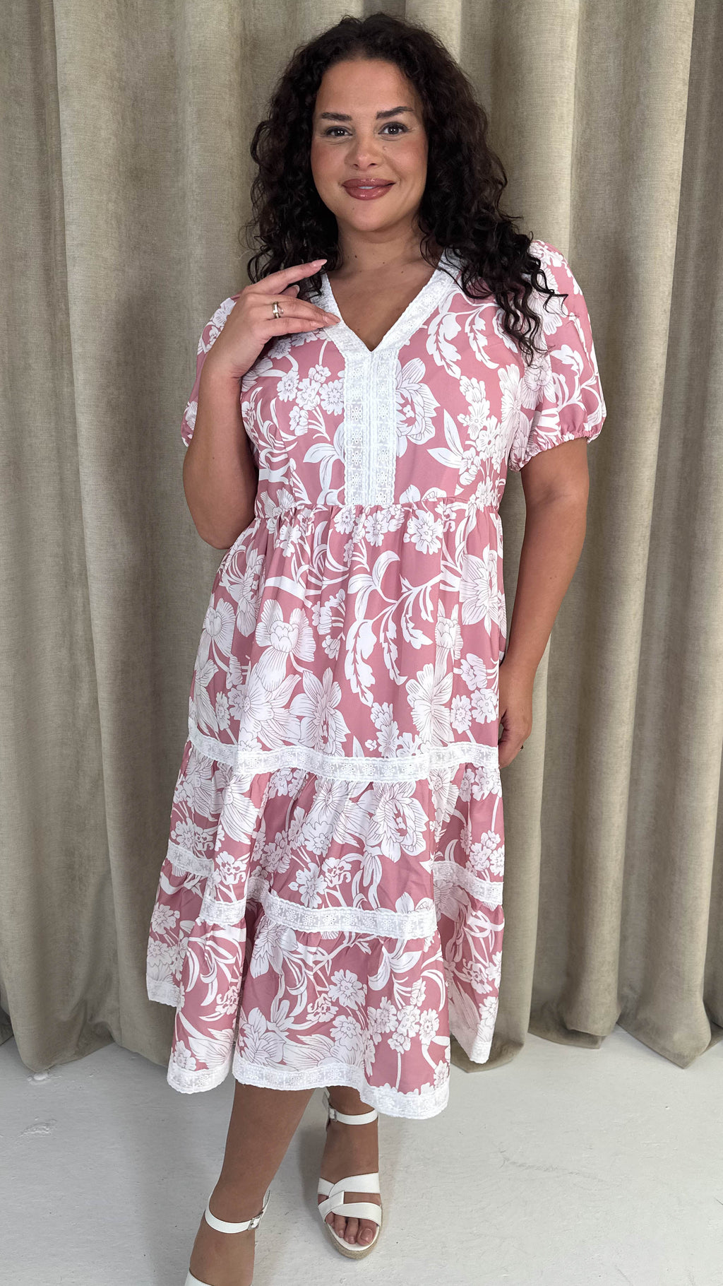 CurveWow Tiered Print Midi Dress Pink Floral