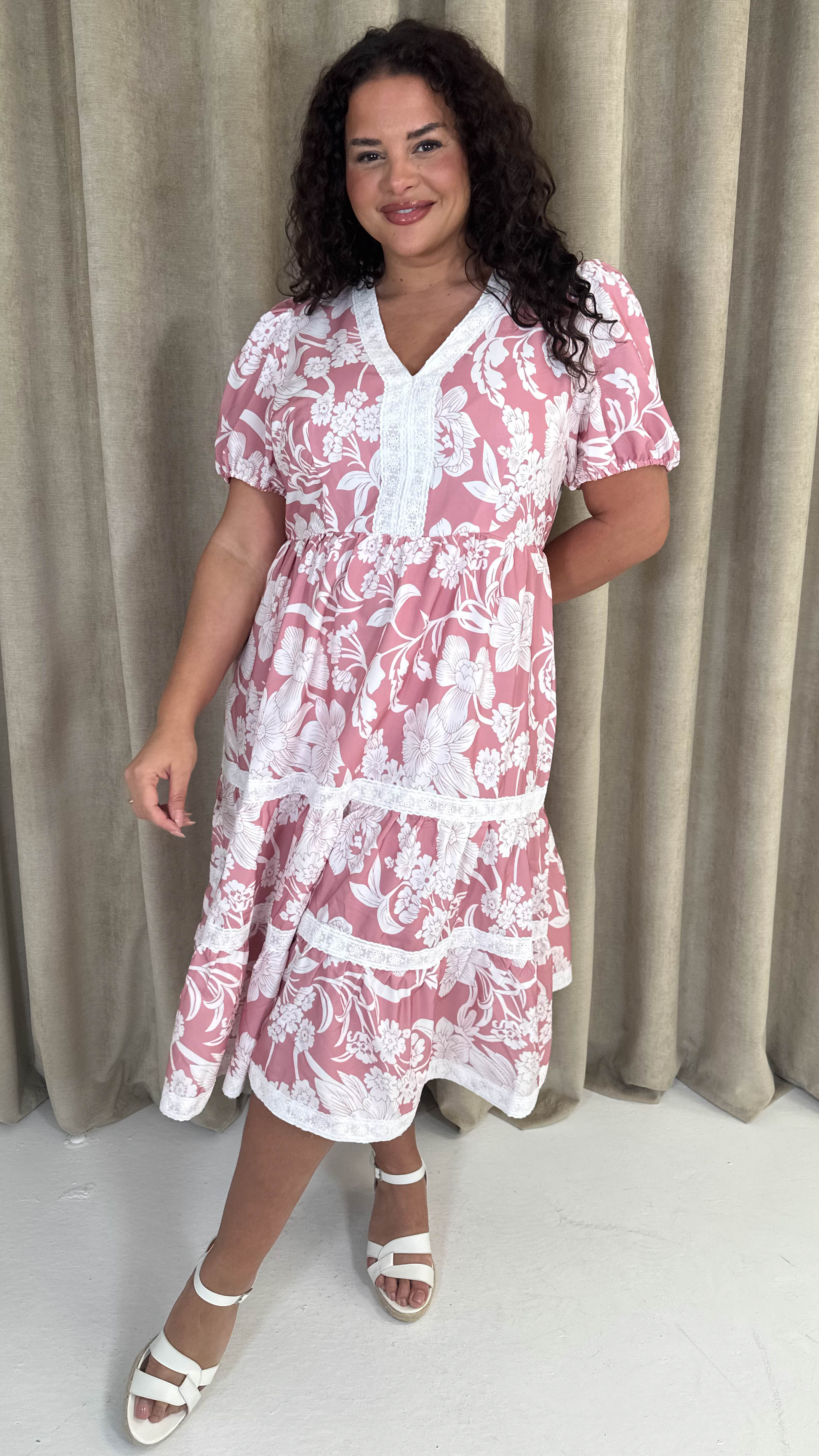 CurveWow Tiered Print Midi Dress Pink Floral