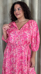 CurveWow Tie Neck Tiered Maxi Dress Pink Floral