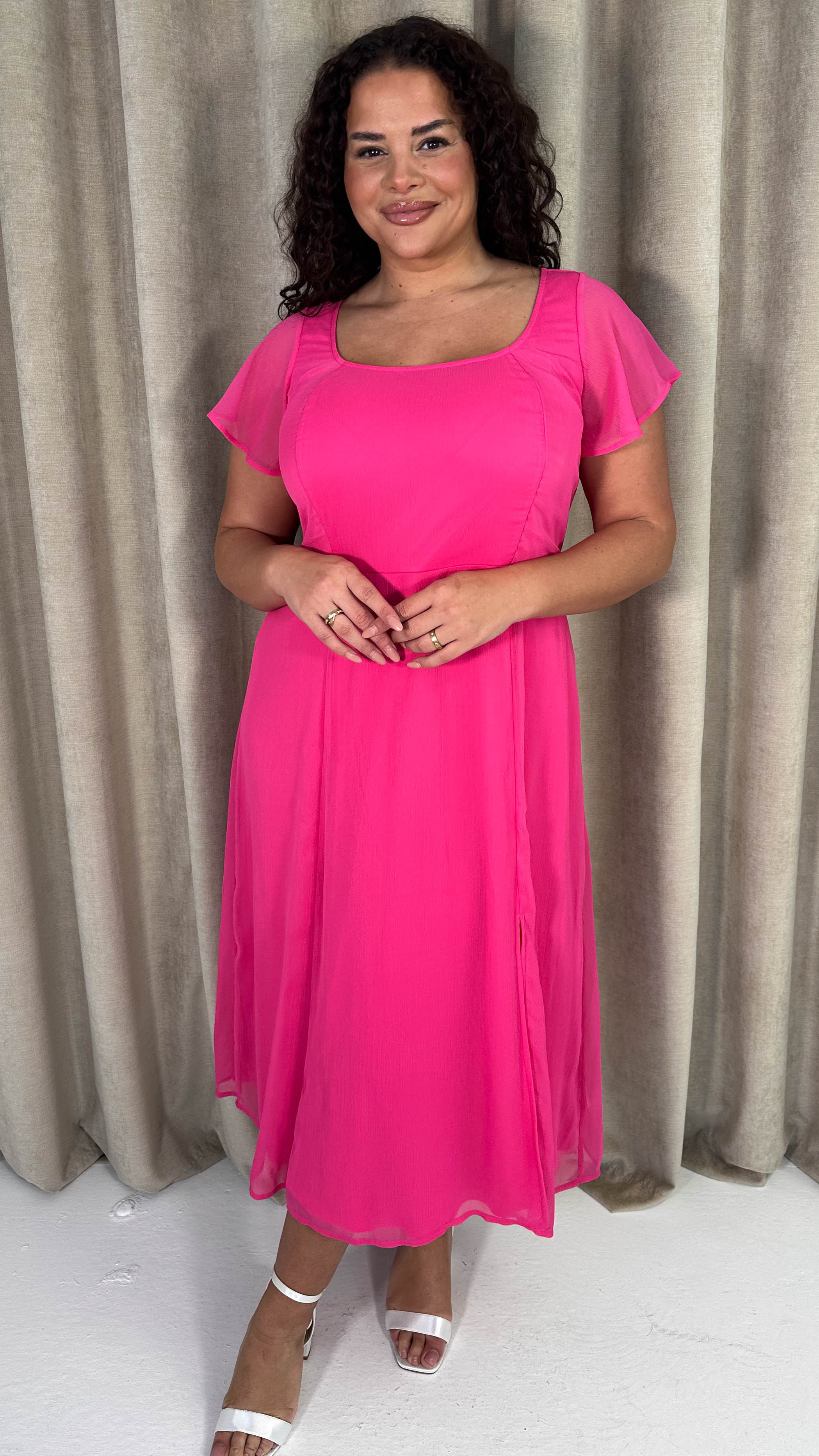 CurveWow Square Neck Tie Back Midi Dress Pink