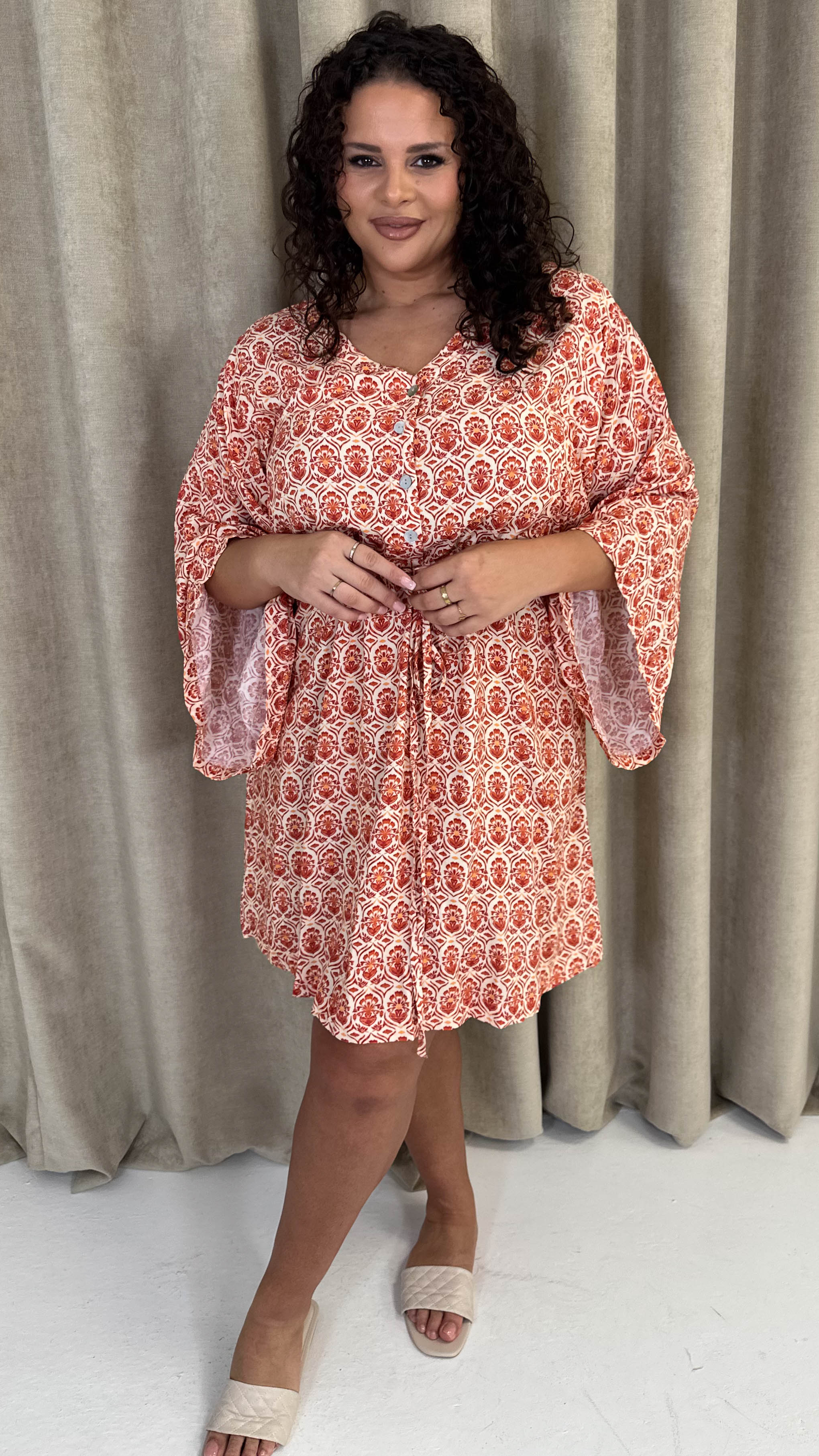 CurveWow Button Front Kimono Sleeve Dress Multi Floral