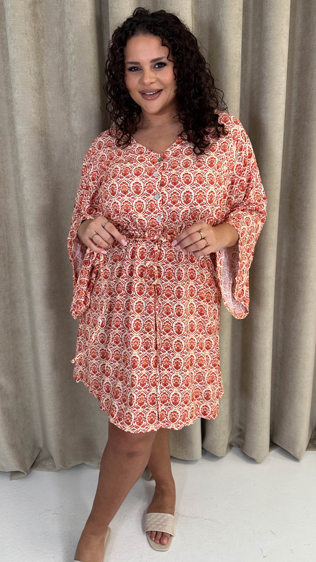 CurveWow Button Front Kimono Sleeve Dress Multi Floral