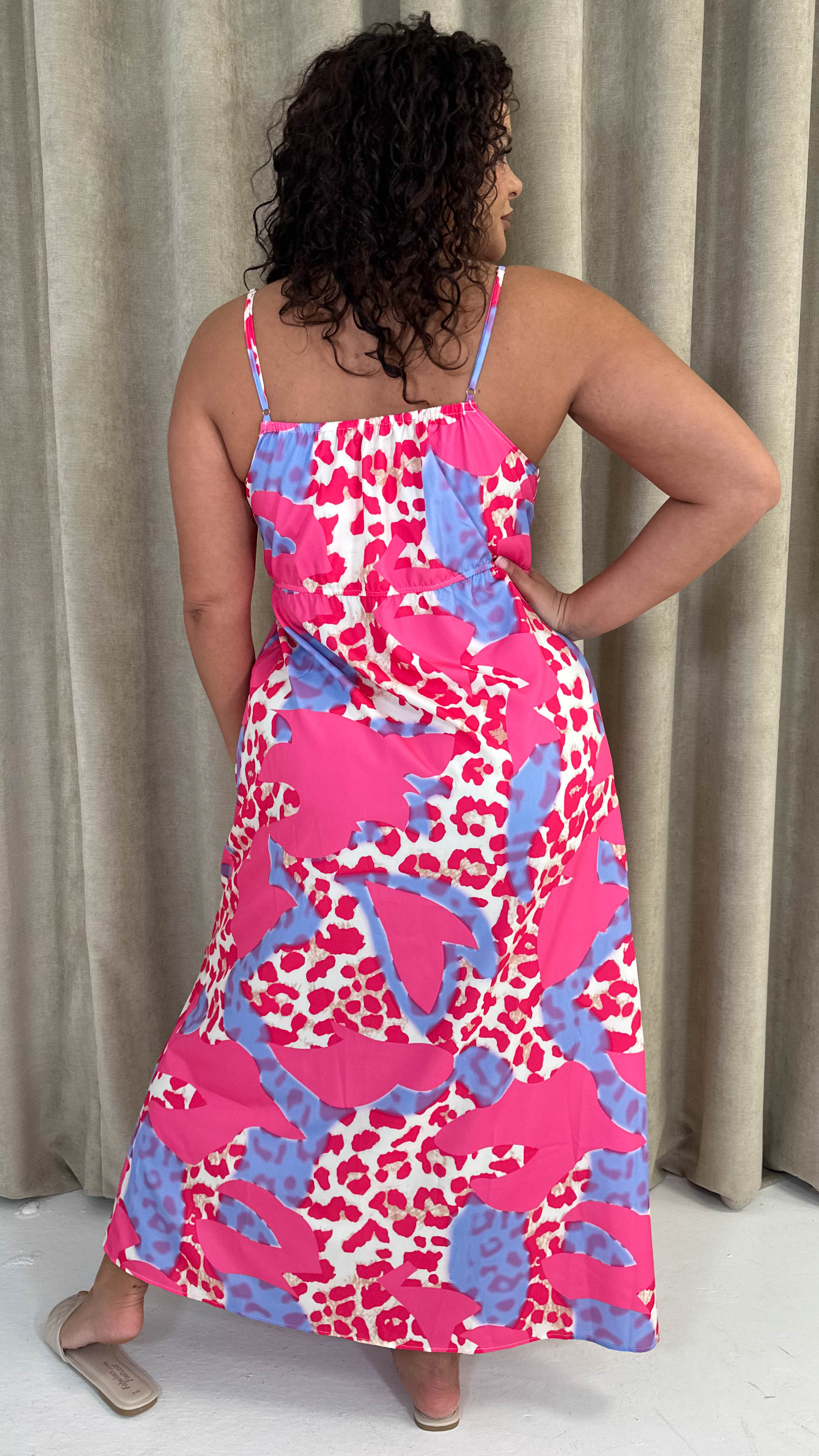 CurveWow Tie Front Cami Maxi Dress Pink Leopard