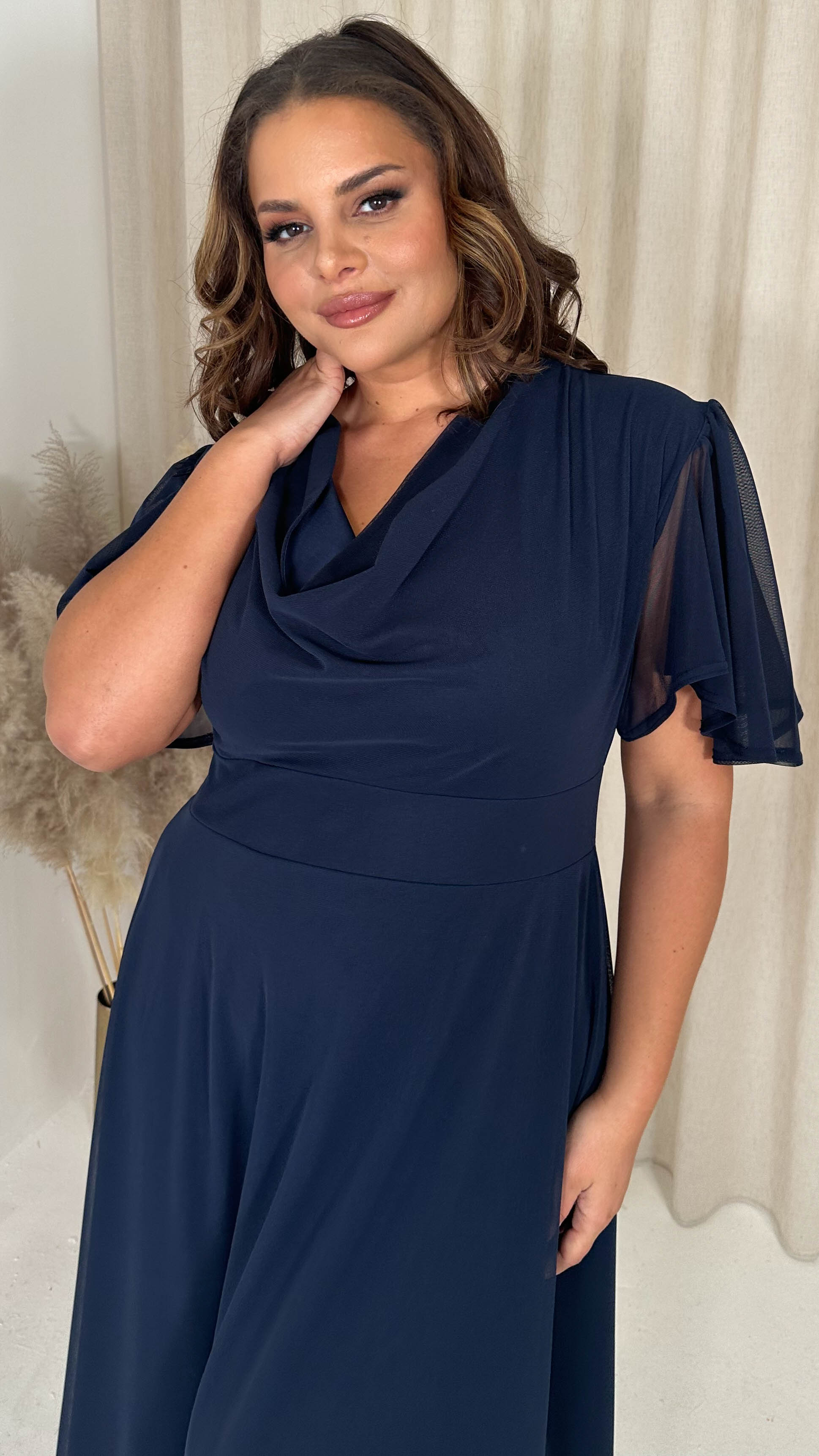 CurveWow Cowl Neck Mesh Angel Sleeve Dress Navy