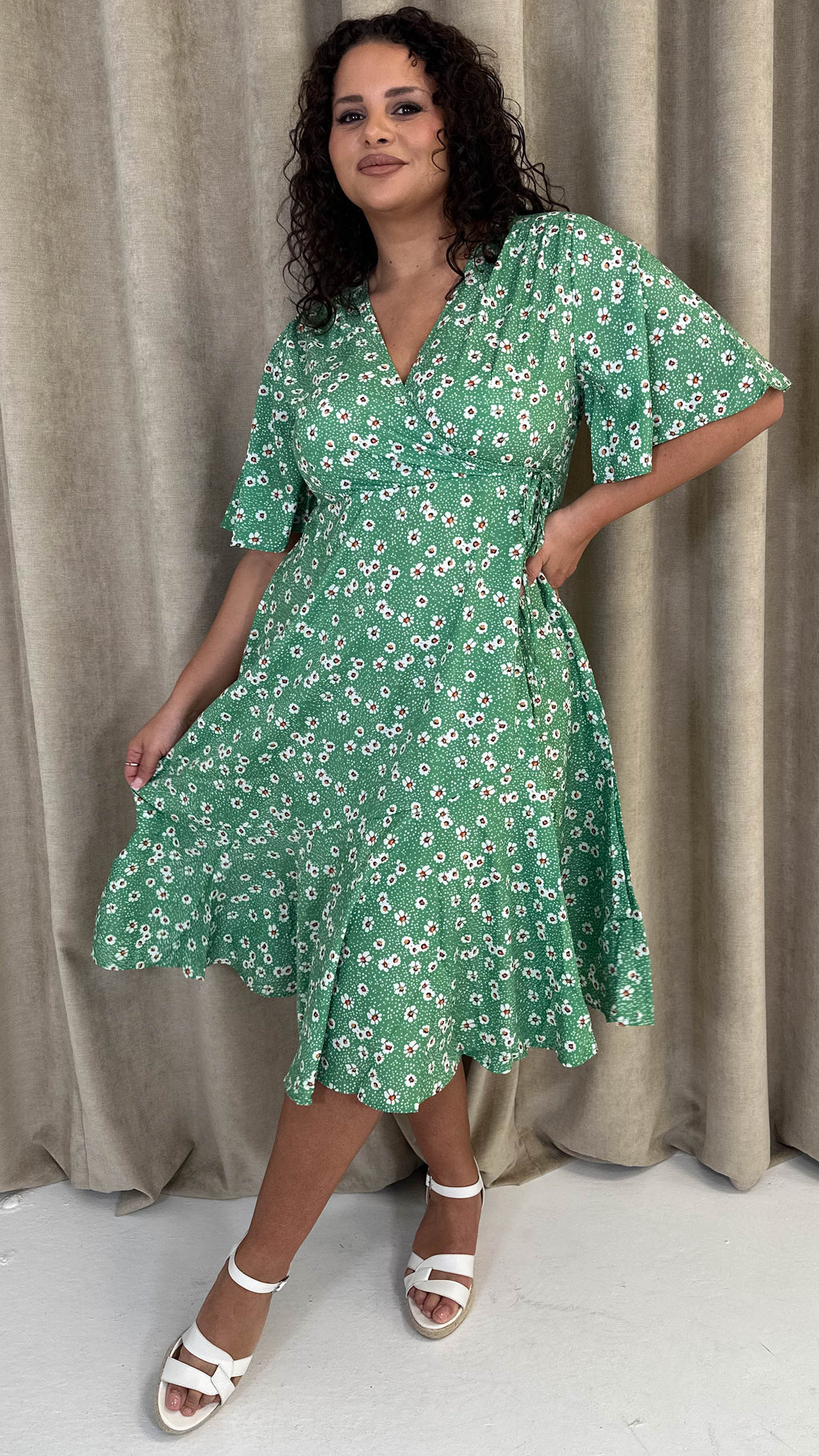 CurveWow Wrap Angel Sleeve Trapeze Midi Dress Green Ditsy