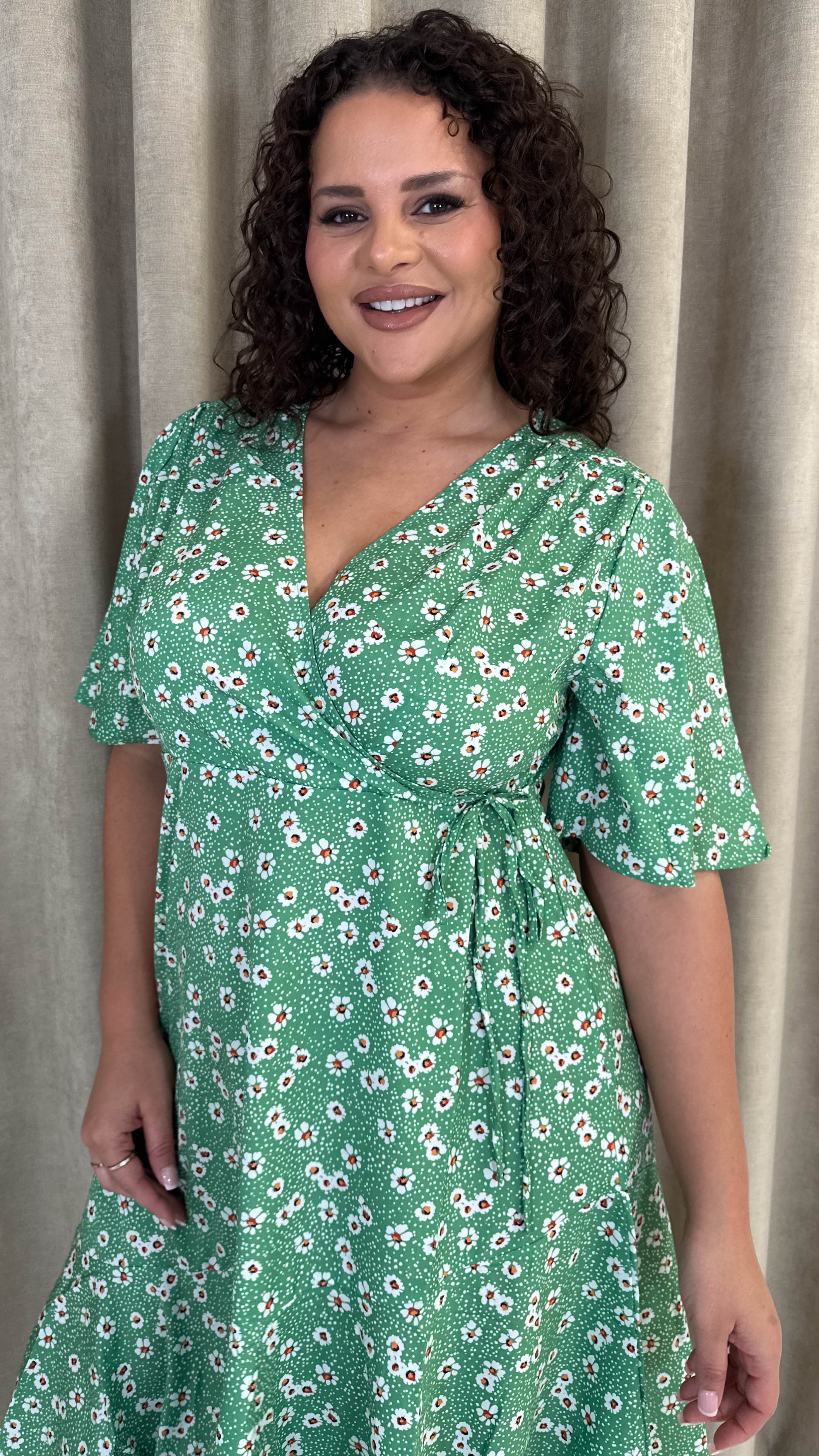 CurveWow Wrap Angel Sleeve Trapeze Midi Dress Green Ditsy
