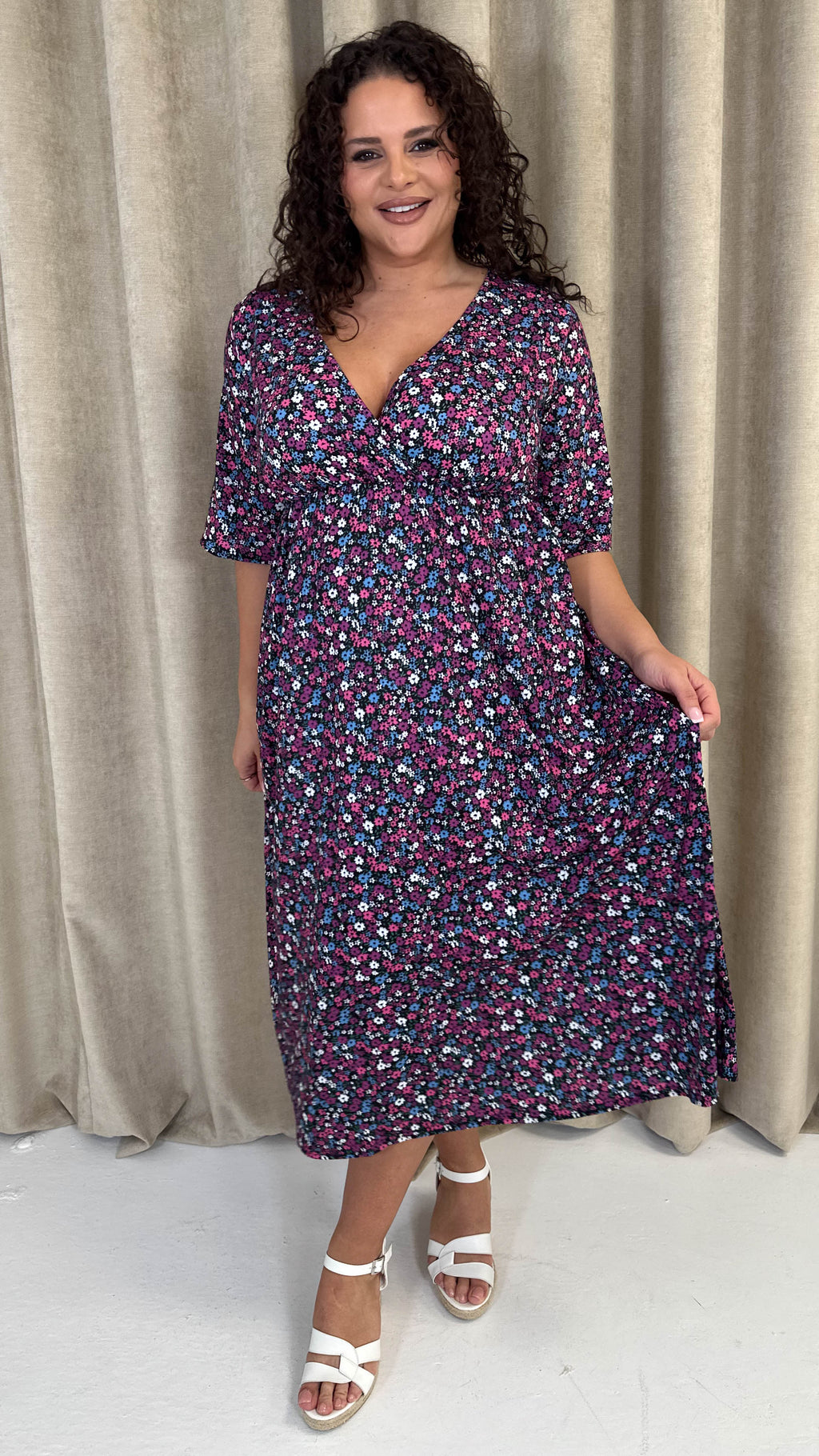 CurveWow Wrap Midi Dress Black Multi Floral