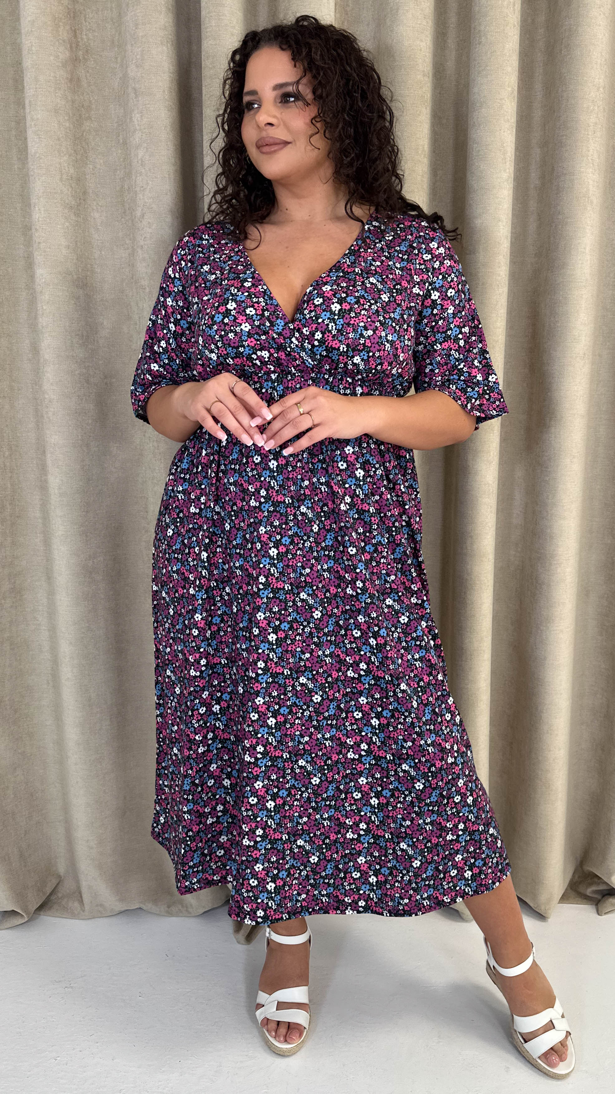 CurveWow Wrap Midi Dress Black Multi Floral