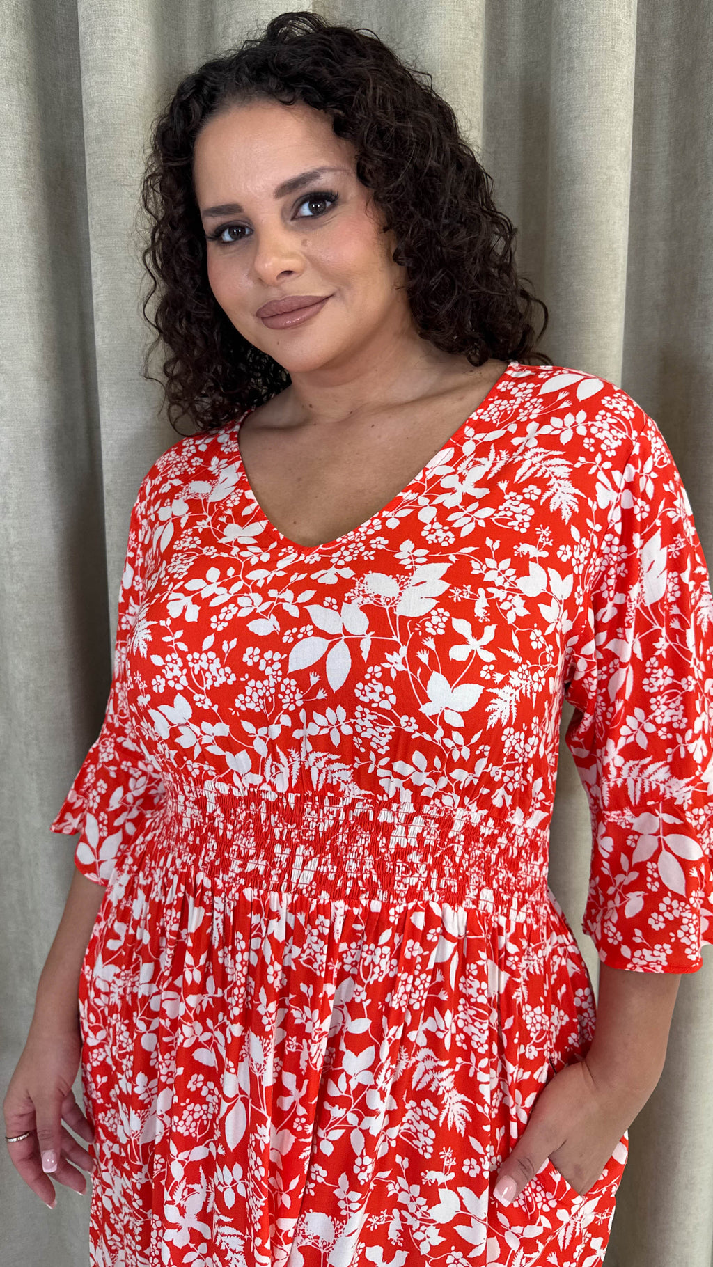 CurveWow Shirred Waist Frill Hem Sleeve Midi Dress Red Floral