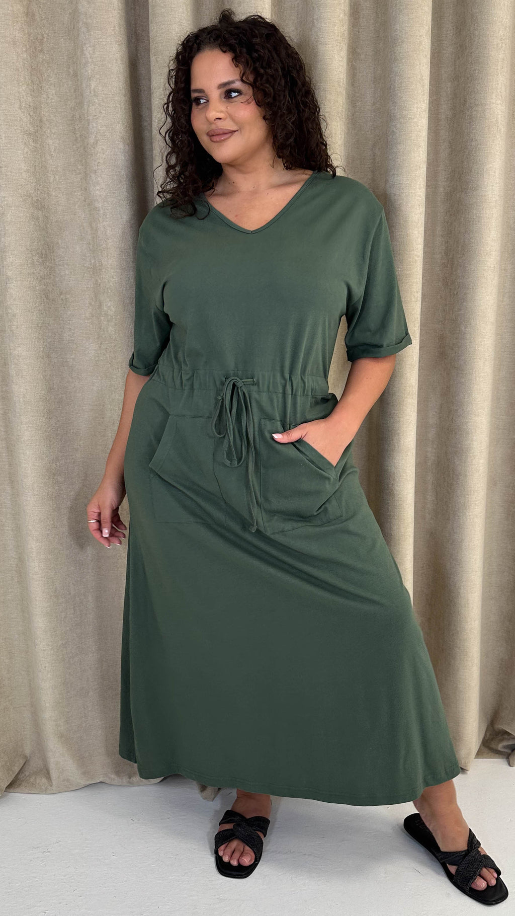 CurveWow Maxi T-Shirt Dress With Drawstring Khaki