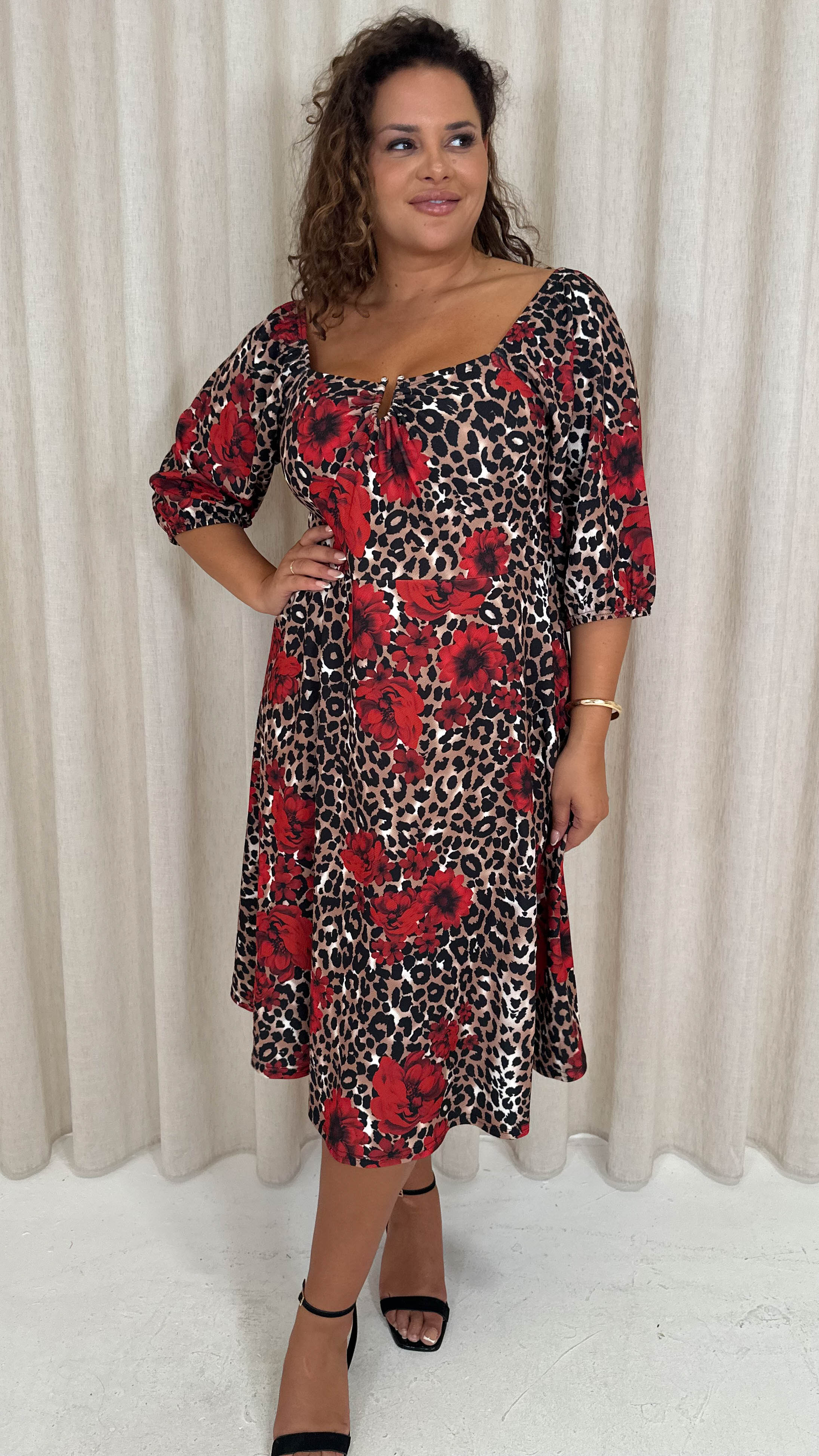 CurveWow Ubar Midi Dress Leopard Rose Print