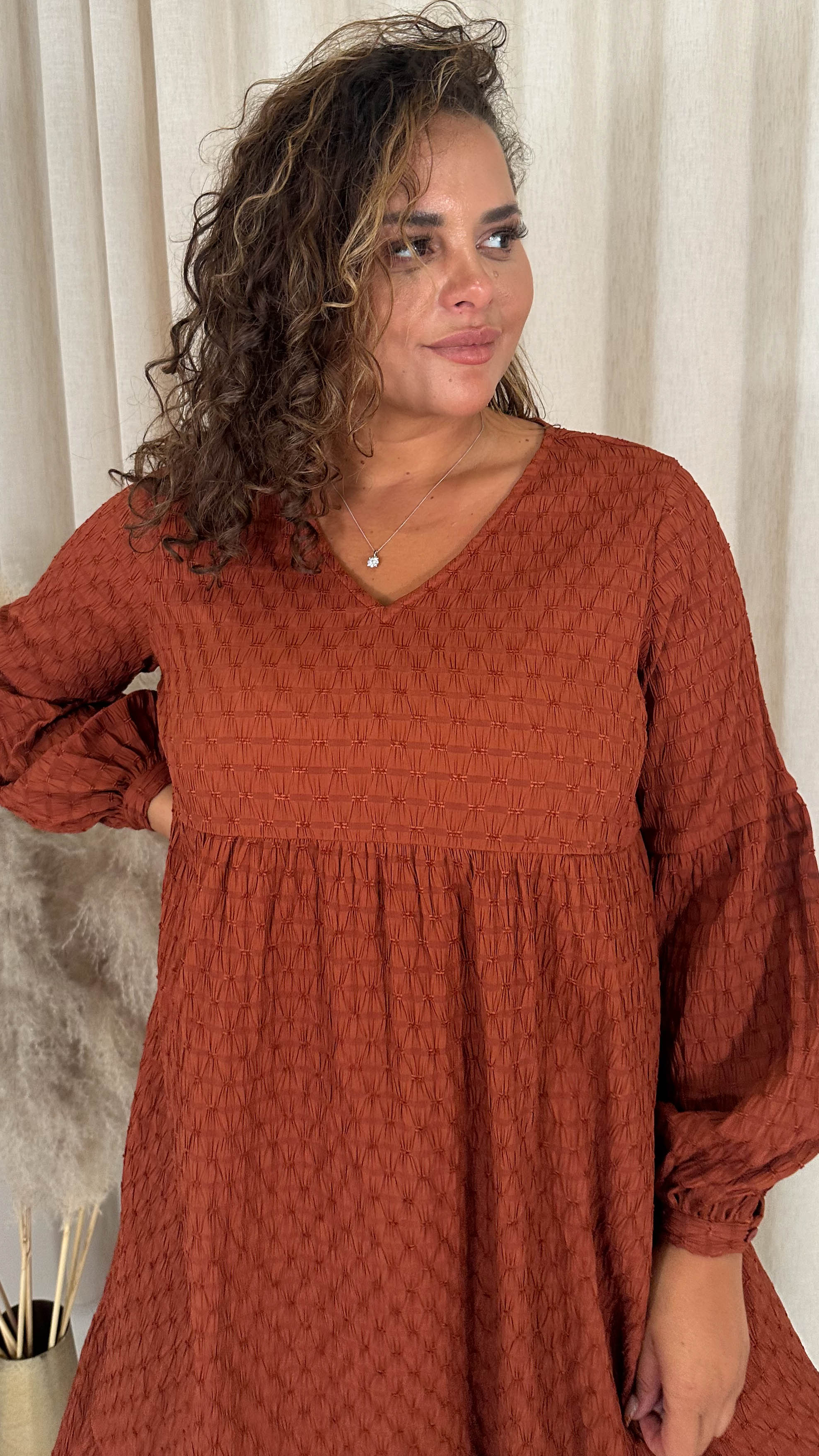 CurveWow Textured V Neck Smock Dress Rust