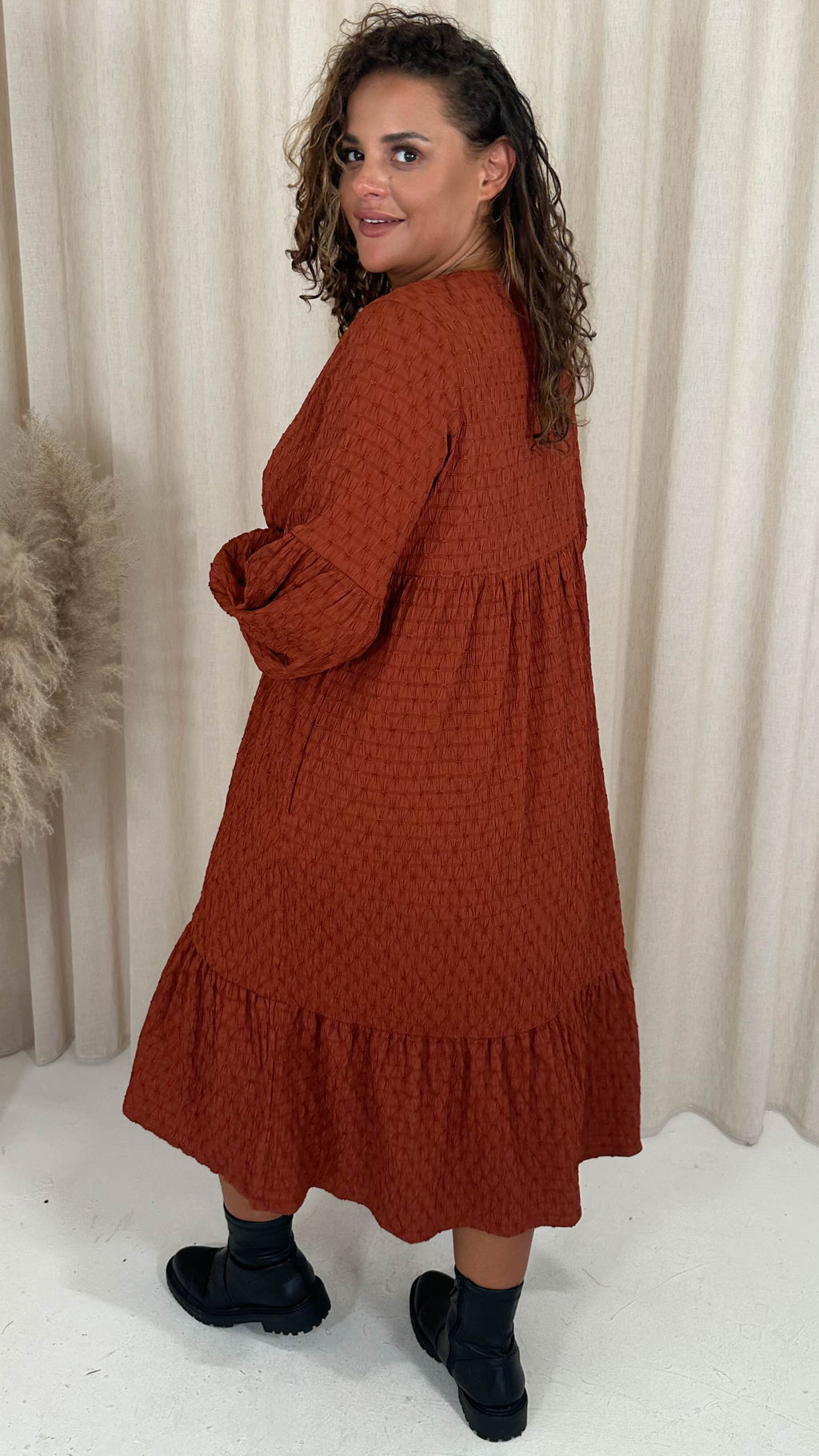 CurveWow Textured V Neck Smock Dress Rust