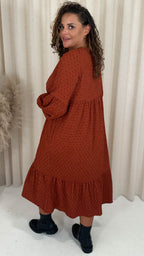 CurveWow Textured V Neck Smock Dress Rust