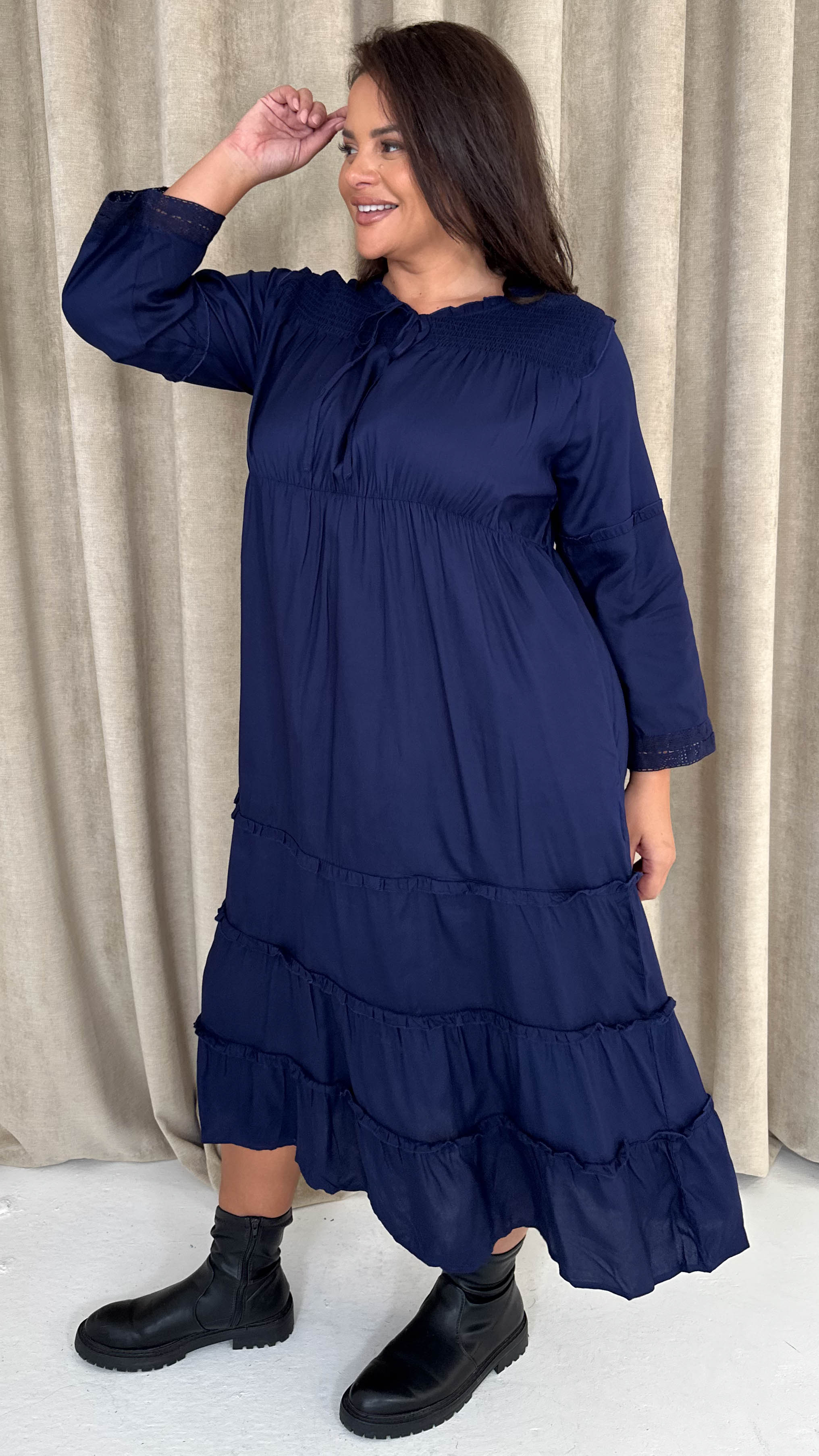 CurveWow Tie Front Tiered Maxi Dress Navy