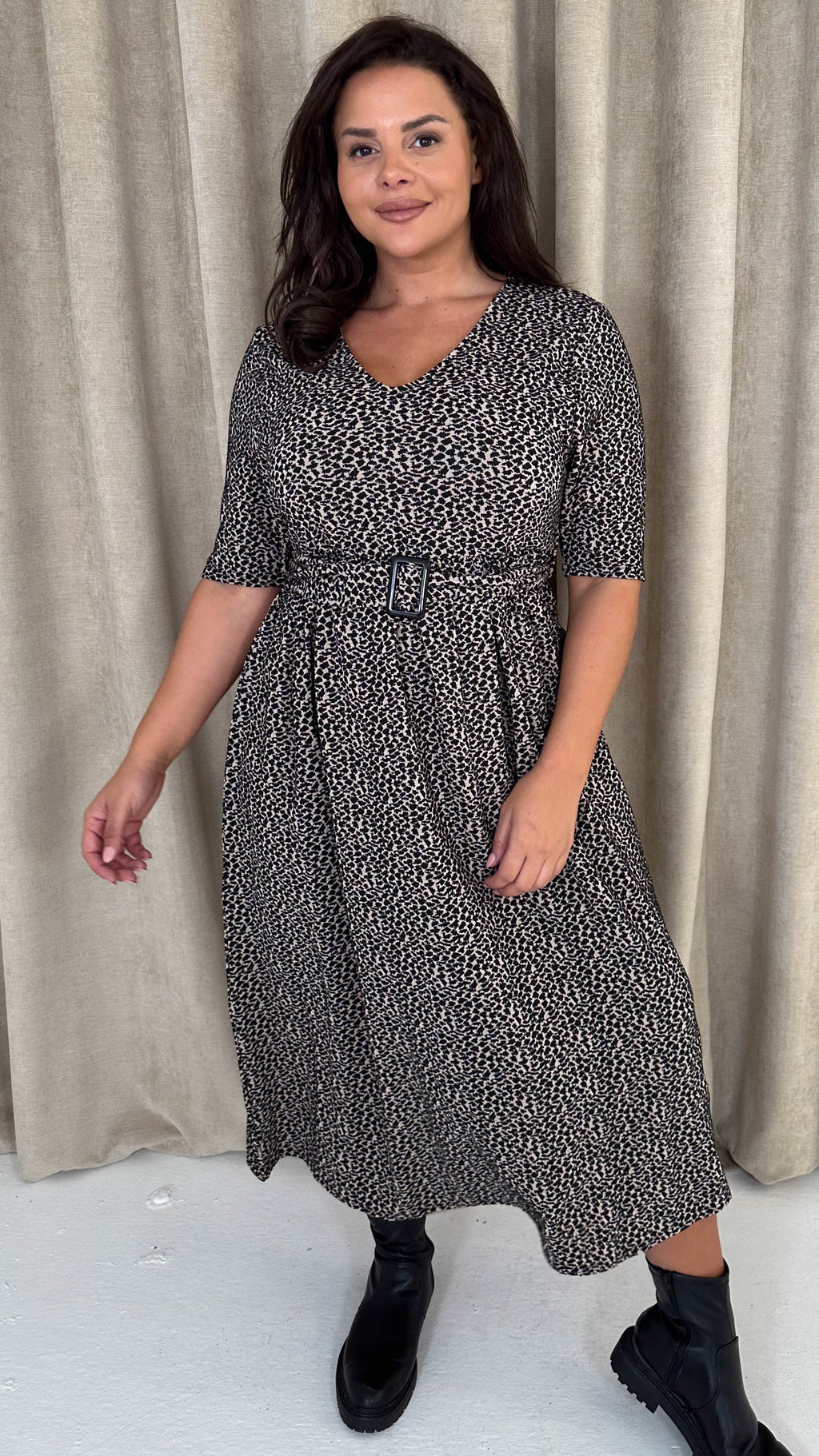 CurveWow 3/4 Sleeve Belted Midi Dress Animal Print