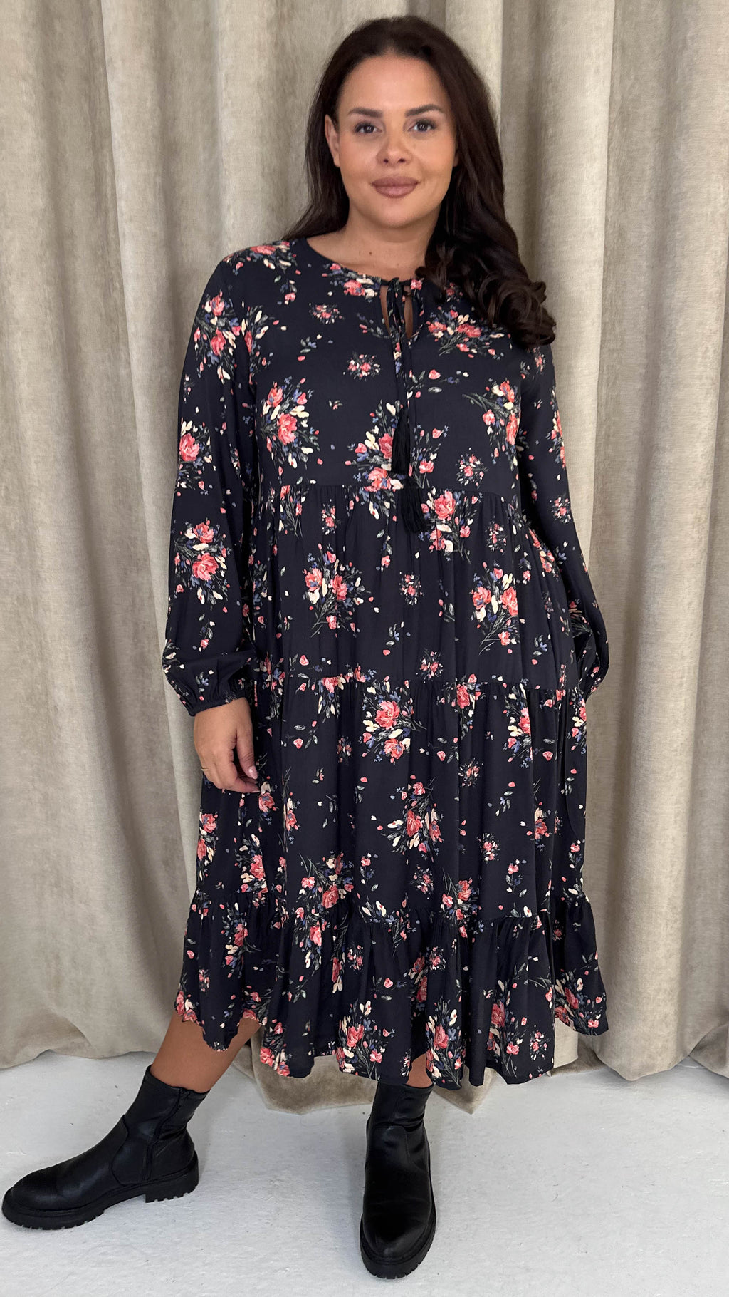 CurveWow Floral Tassel Tiered Dress Black Floral