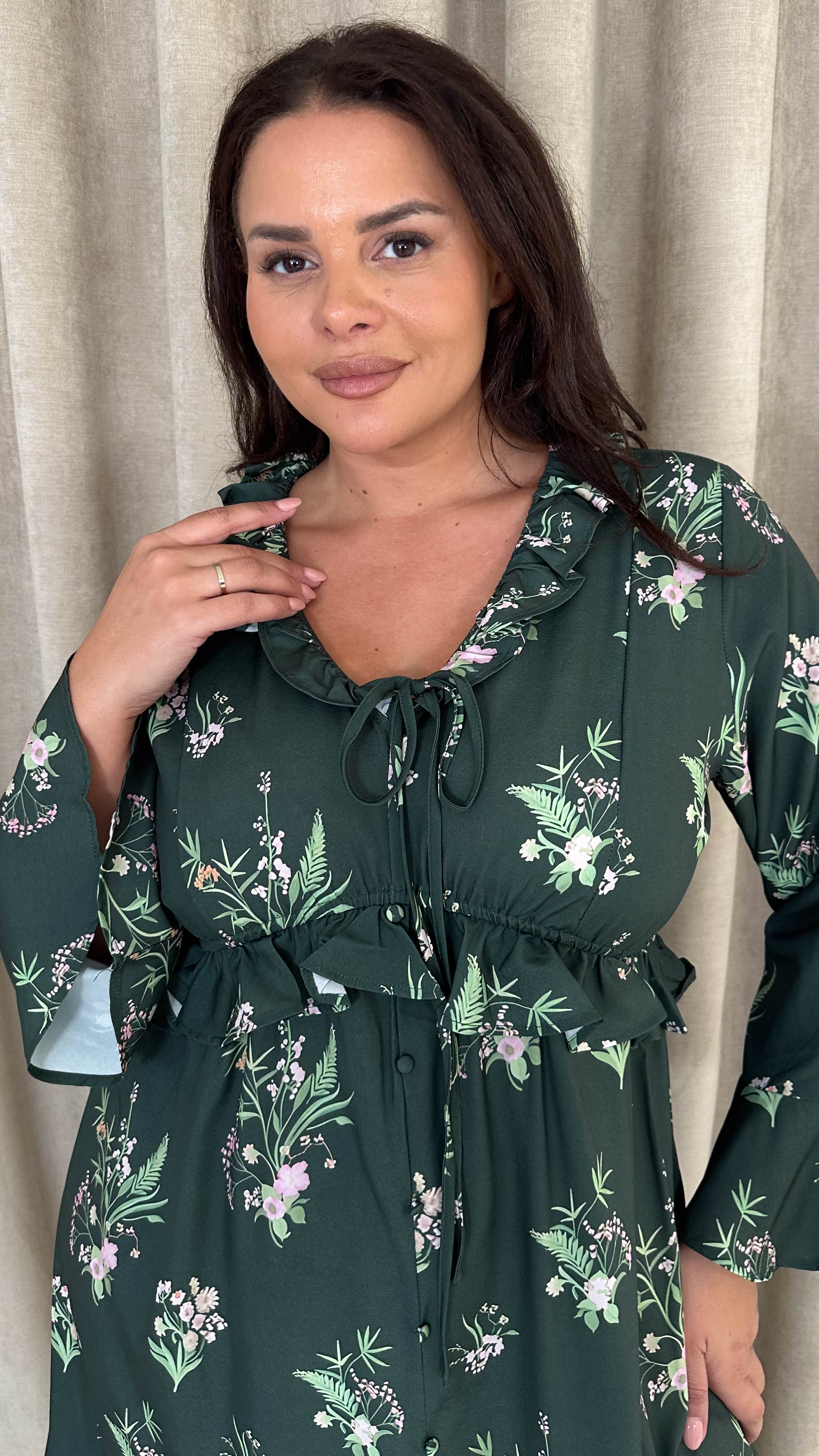CurveWow Ruffle Button Front Flare Sleeve Midi Dress Green Floral