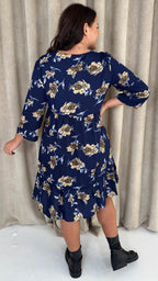 CurveWow Ruched Front Tiered Hem Dress Navy Floral