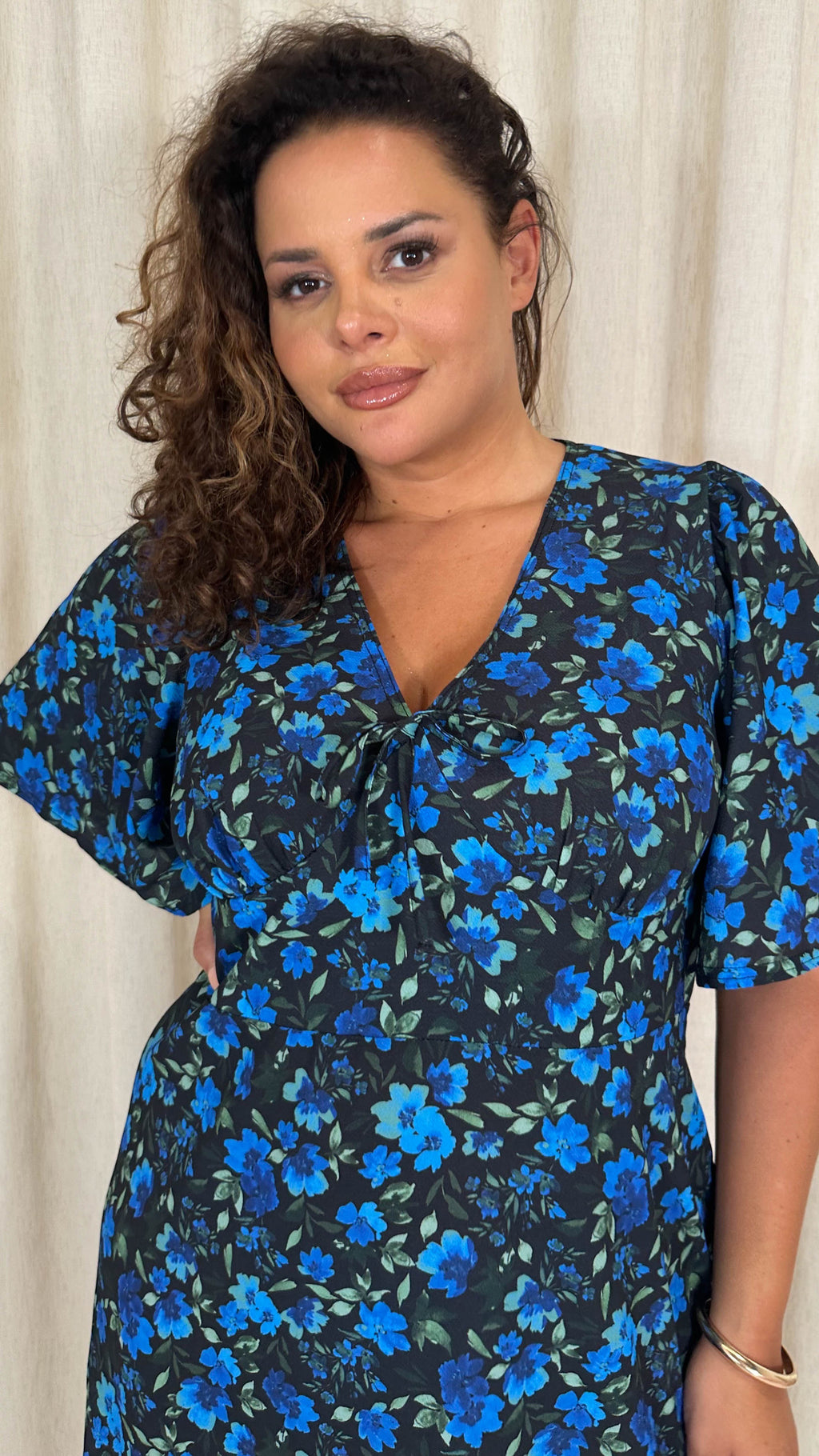 CurveWow Angel Sleeve Flounce Tie Front Midi Dress Blue Floral